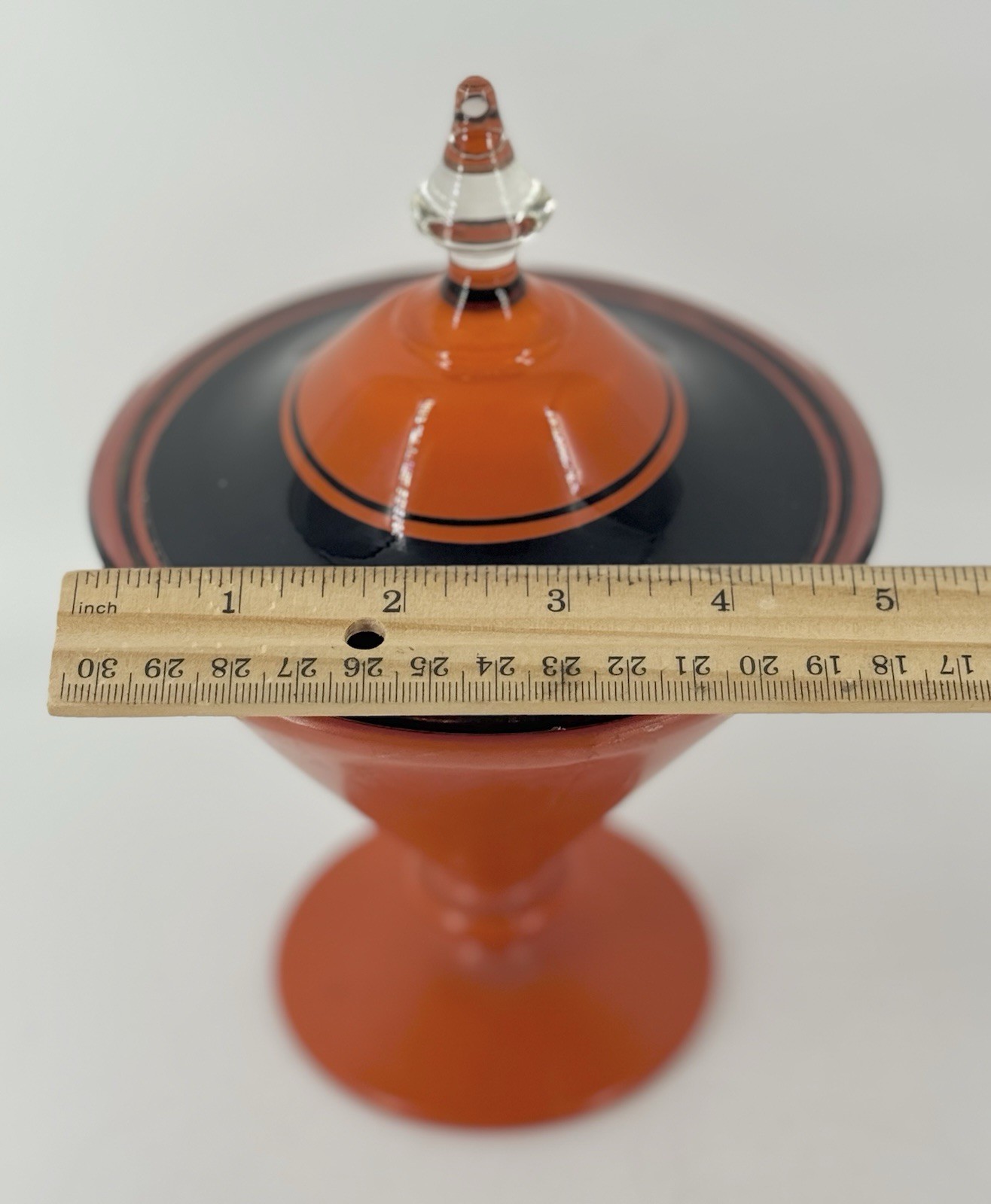 Vintage Art Deco Tango Glass Candy Dish Lid Orange Black Footed Conical