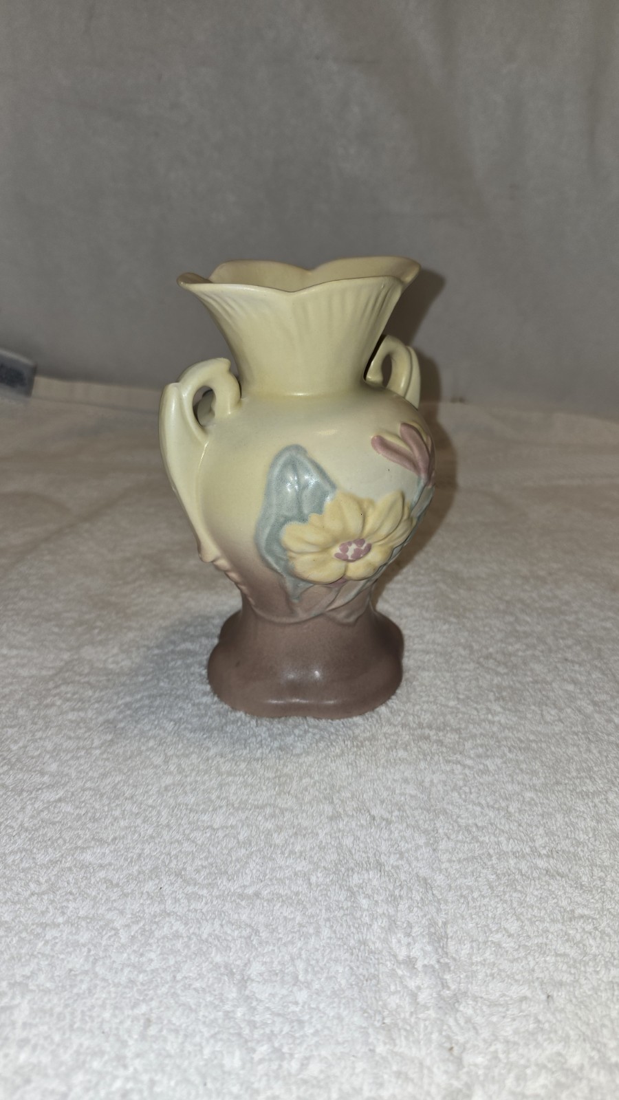HULL Art Pottery Pink and Yellow Vase Matte Finish Double Handle Vase