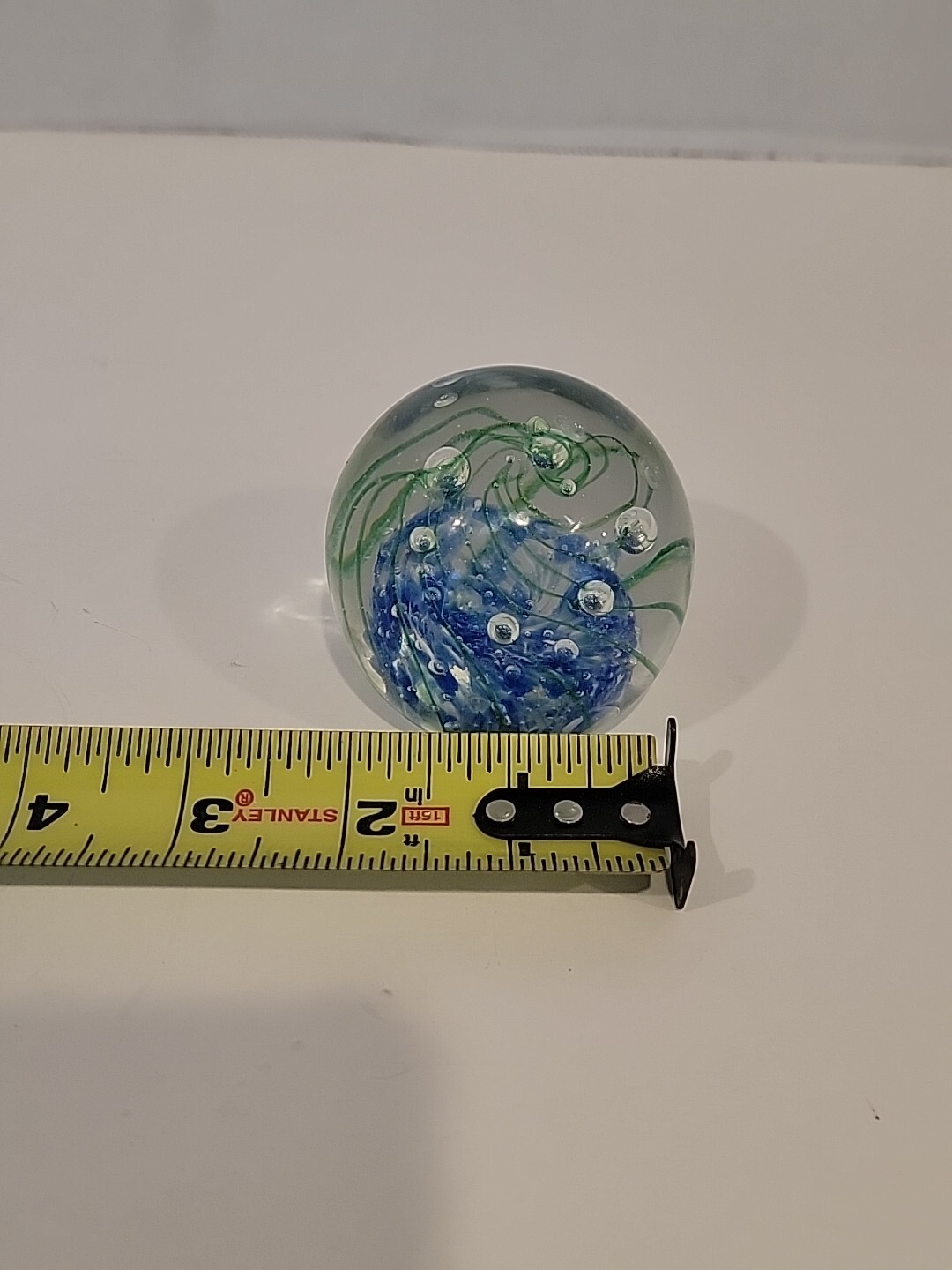 Vintage Paper Weight Art Glass Blue W/ Green Swirl Bullicante Round Sphere