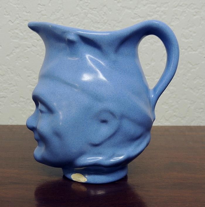 Vintage Blue Pottery Head Vase Mug Pitcher Vase California? Signed
