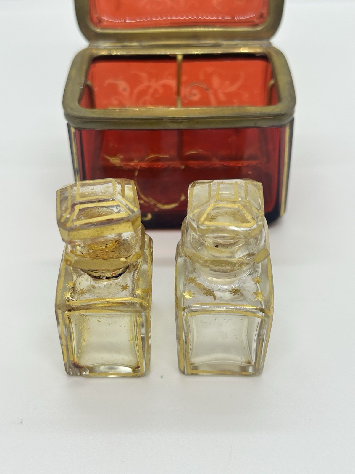 Antique 19th Century Glass Cranberry/Ruby Perfume Casket Box W/2 Glass Bottles