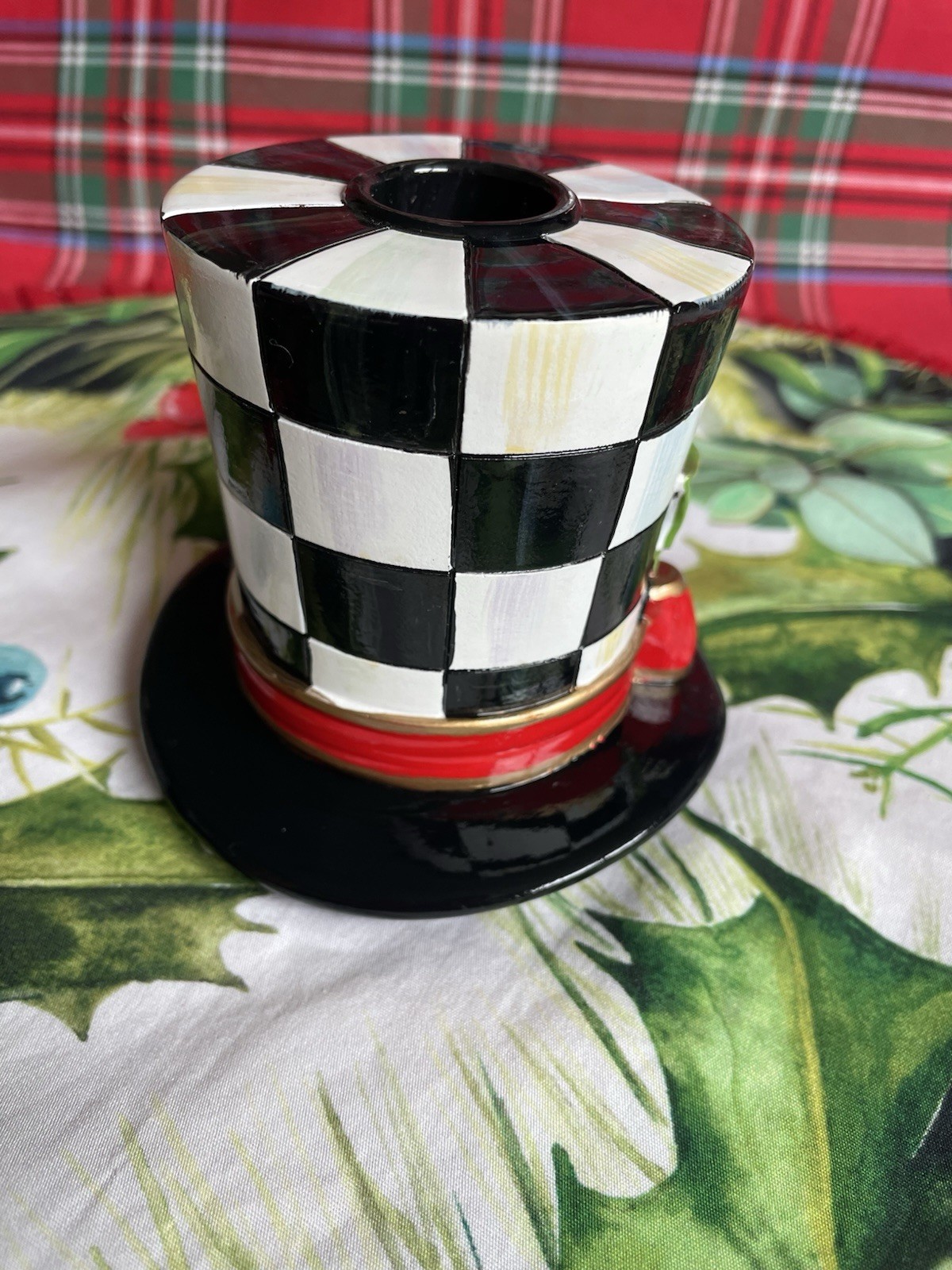 MacKenzie-Childs Nostalgia Top Hat For Snowman Candle Holder With Courtly Check