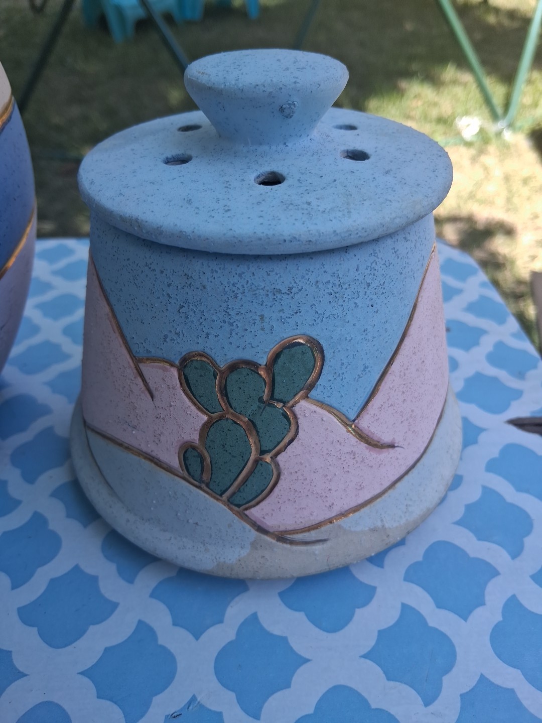 Vtg 90s Southwest Pottery Vase Desert Cactus Lot Of 2 Pastel Gold Trim Ceramic