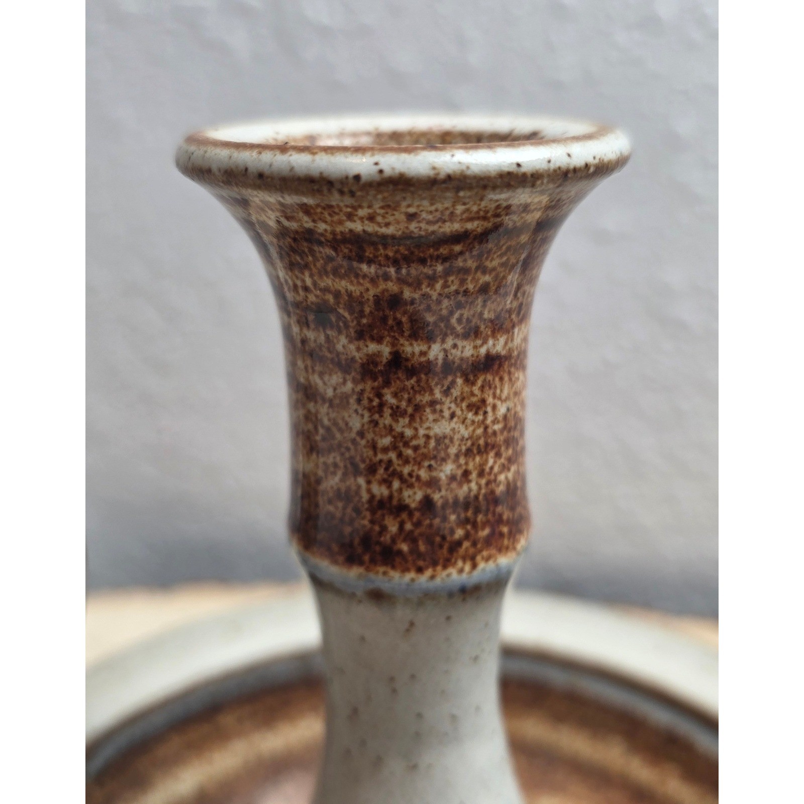 Vintage Studio Pottery Chamberstick Candle Holder Speckled Brown Cream Stoneware