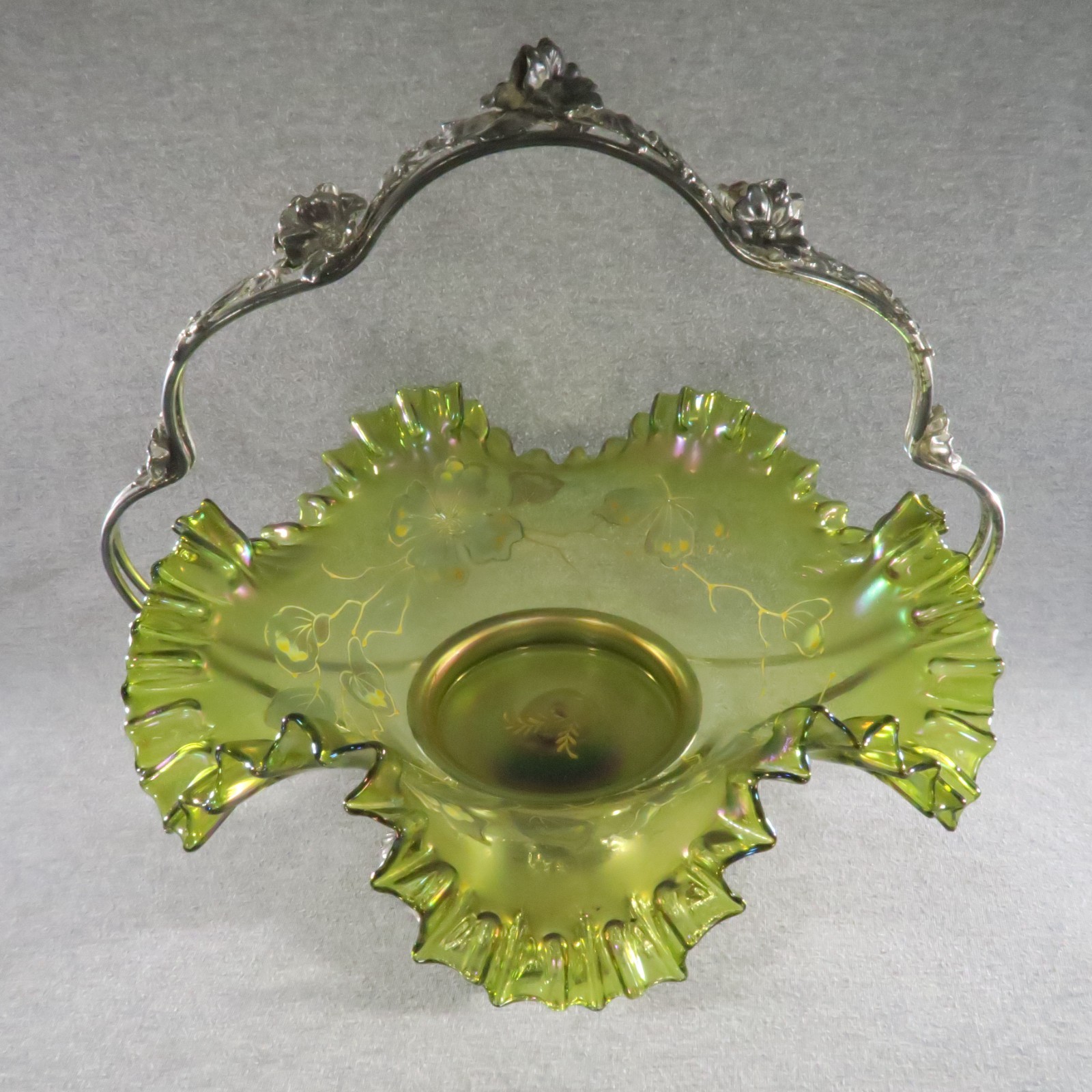 Antique Brides Basket Green Iridescent Ruffled Art Glass Silverplate Art Nouveau