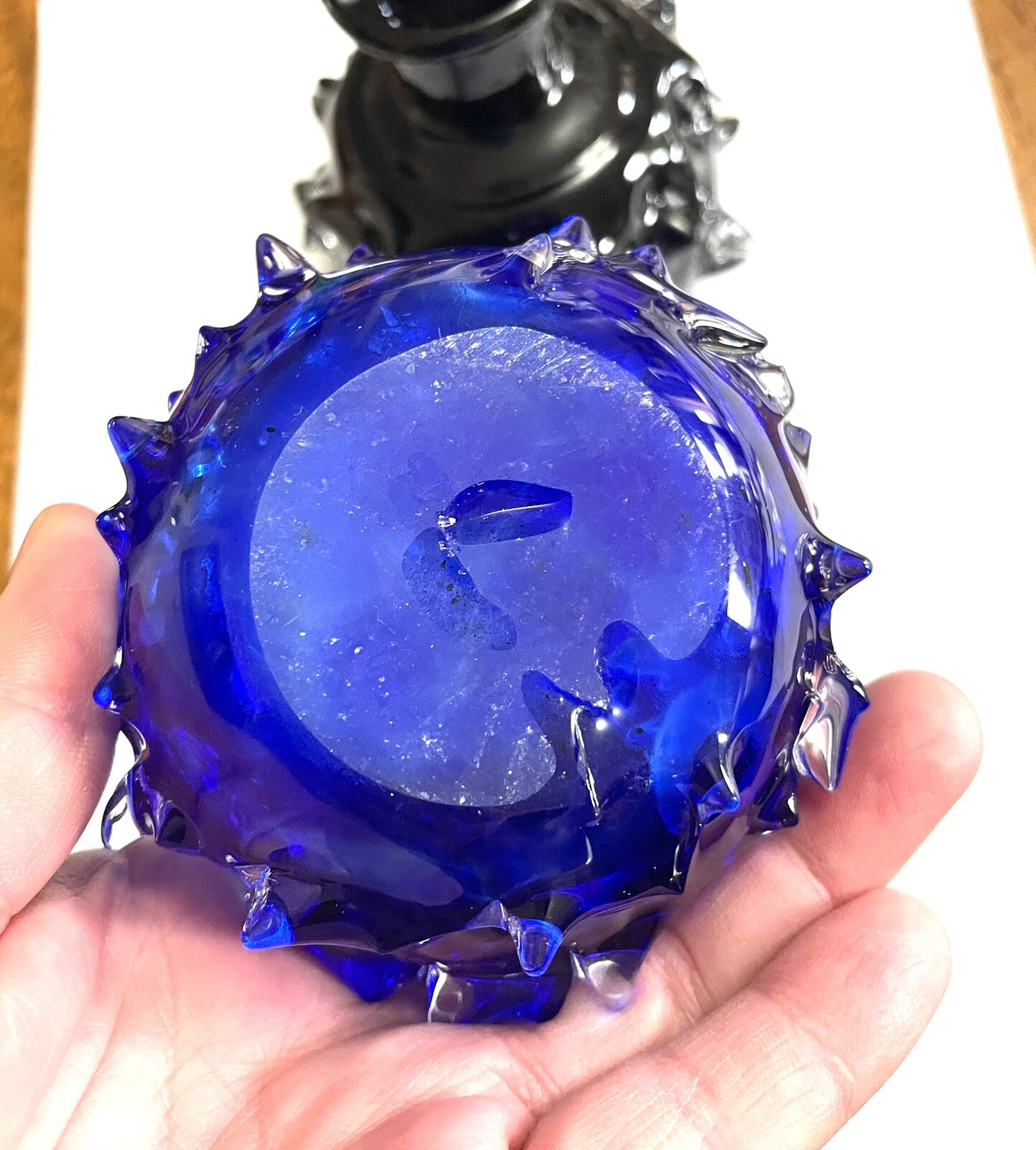 Spiked Blown Glass Double Vase Chain Cobalt Blue Black SIGNED Blown Unique *READ