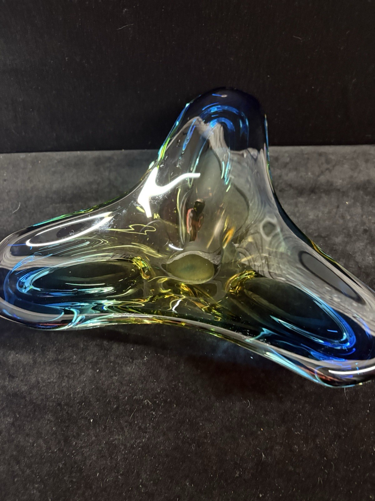 Vintage Murano Sommerso Art Glass Rounded Triangle Yellow Blue Dish Ashtray MCM