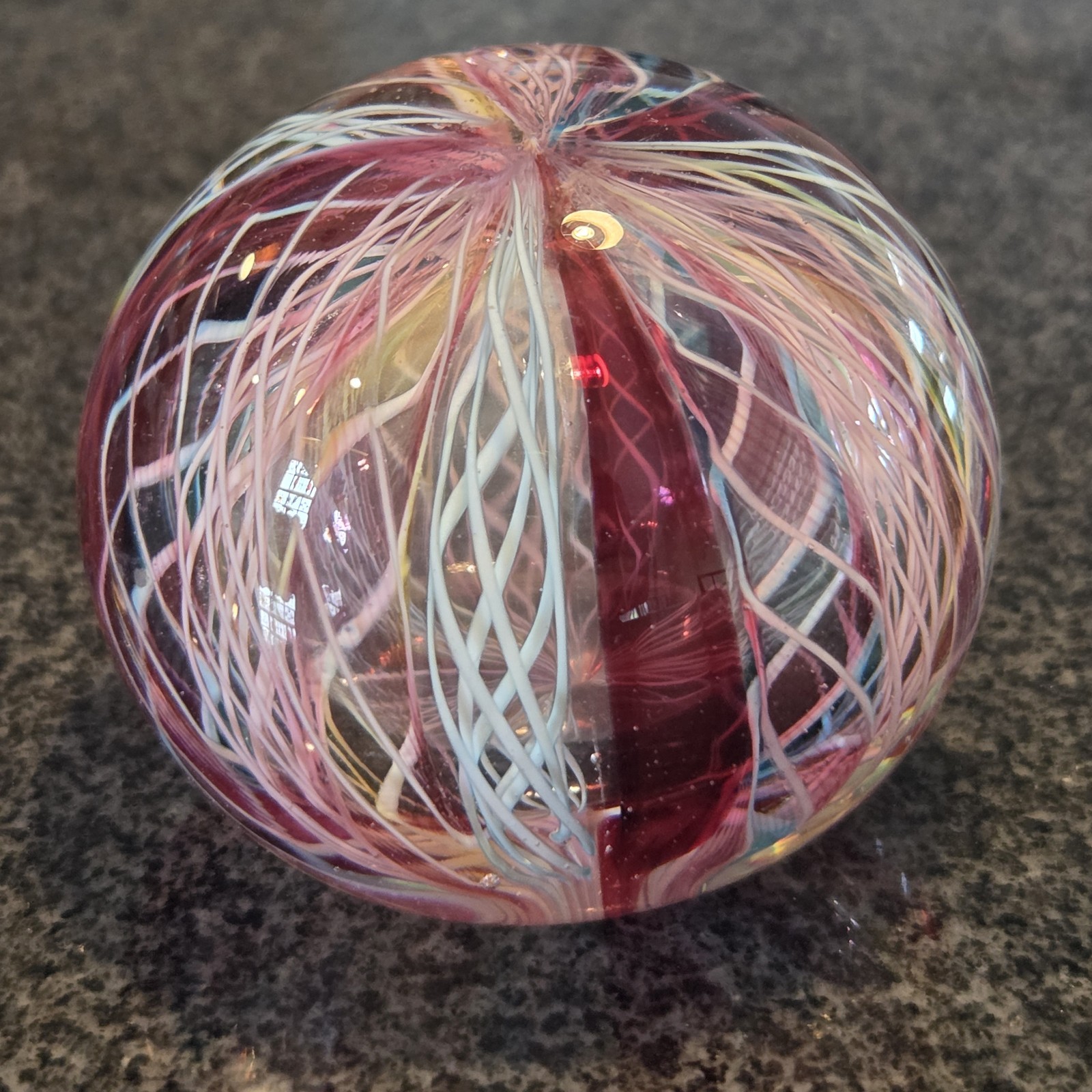 Vintage Latticinio Ribbons Murano Hand Blown Art Glass Paperweight 2.25″