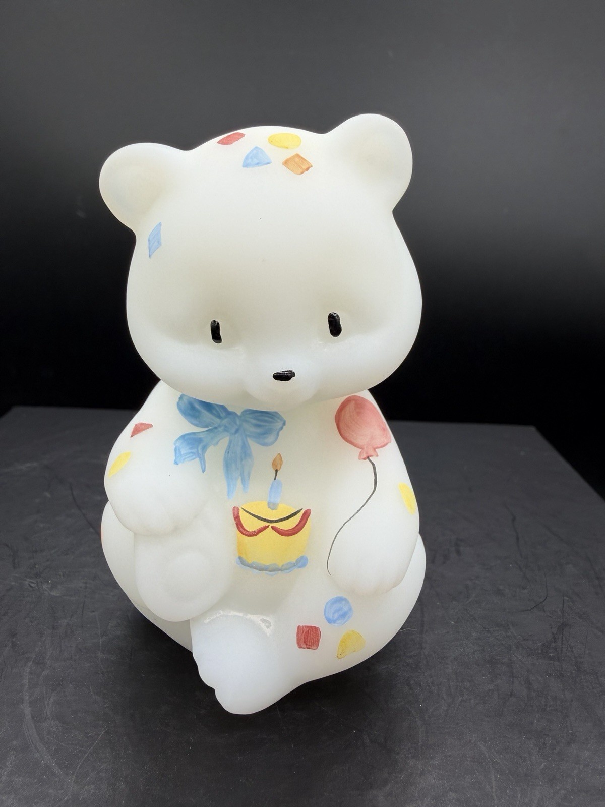 🐻🎂 Fenton Glass “Happy Birthday” Opal Satin 3.5″ Bear Figurine 🎁✨