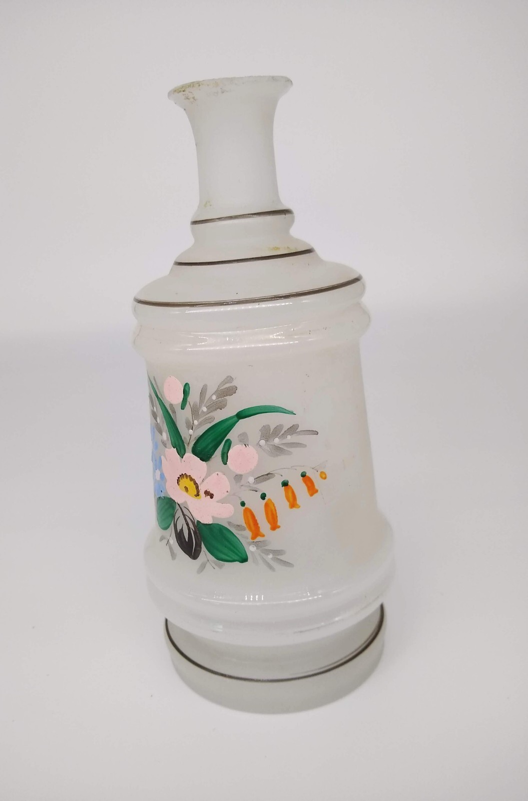 Bristol Opaline Glass Frosted Vase Hand Painted Flowers 7-3/4” Antique Victoria
