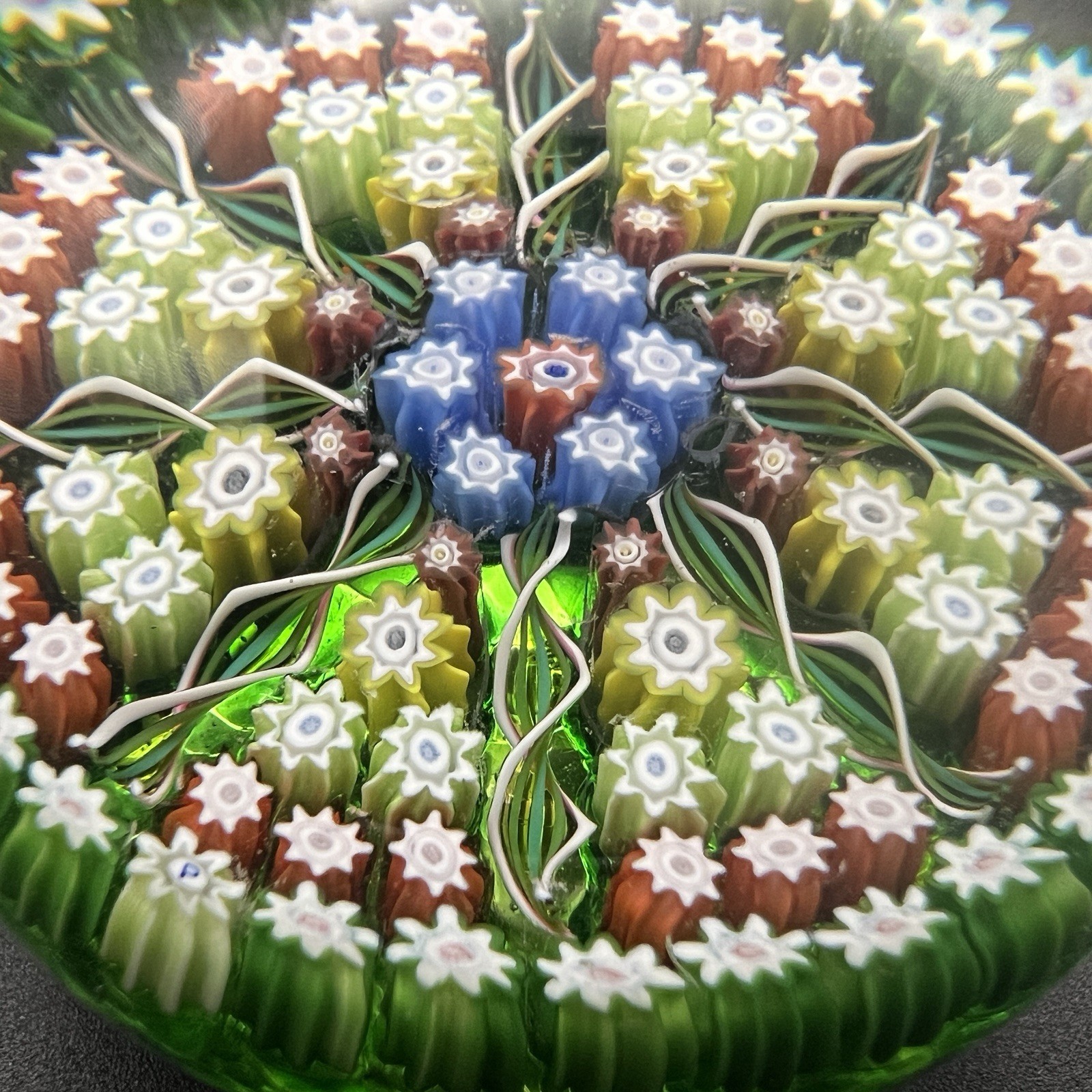 Vintage Perthshire Art Glass Paperweight Millefiori 8 Spoke Green Ground 2.5”