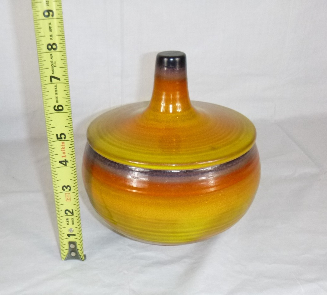 Vtg 60s Haeger Pottery Orb Jar & Lid 9H Sunrise Crackle Glaze Orange Yellow 7.5″