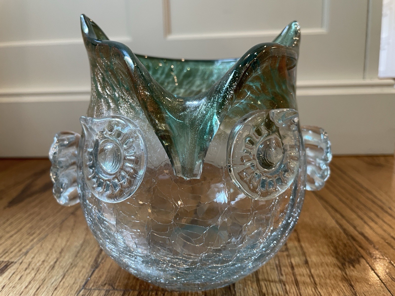 Vintage Crackle Glass Owl Vase Planter Green Art Glass Hand Blown 7” Tall