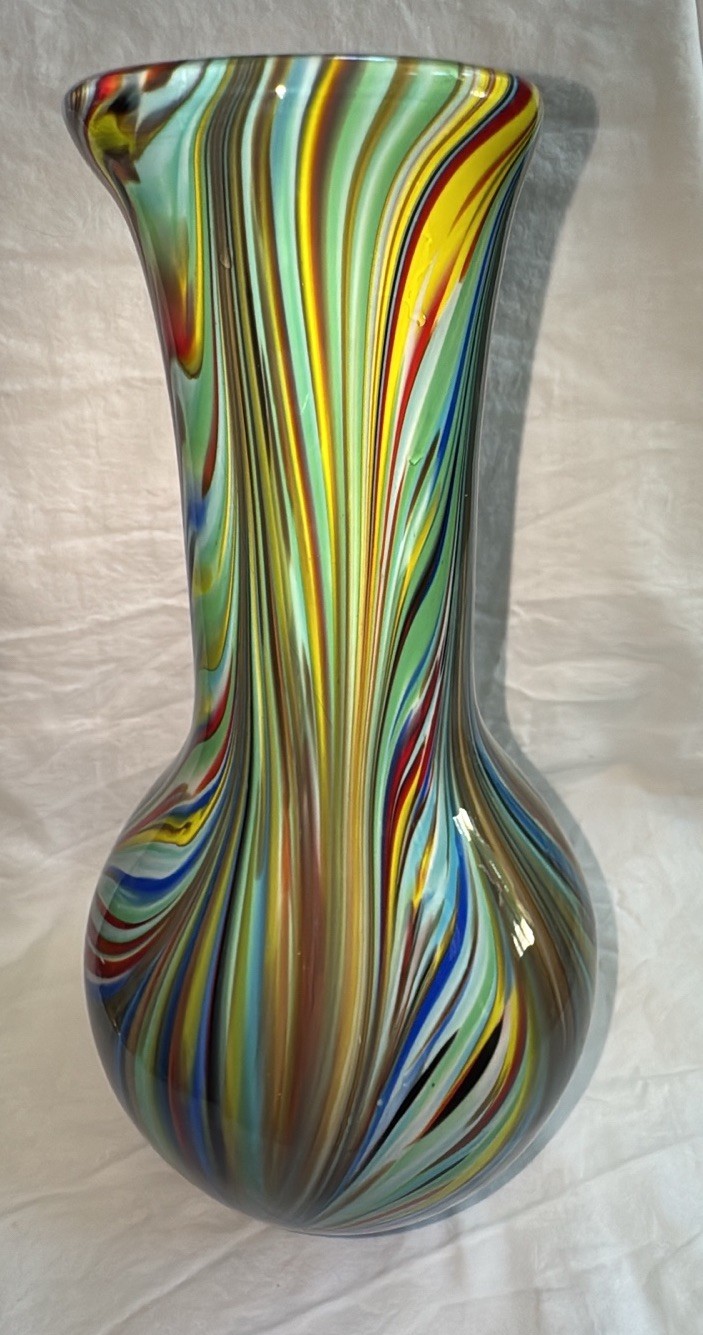Multi-Colored Swirl Glass Vase Colorful Striped Filegrana Technique 13.5” Tall