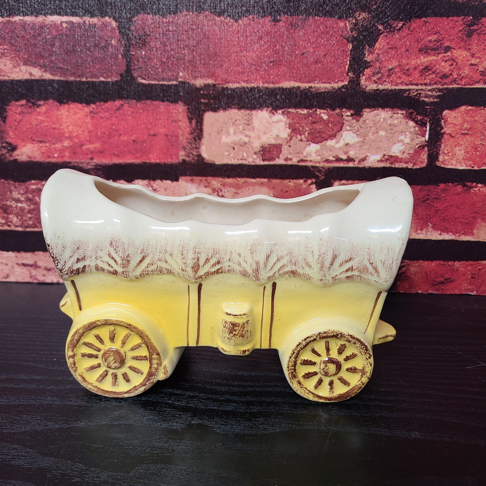 Vintage Ceramic Covered Wagon Planter Yellow Cream Brown Decorative 6 3/4 Long