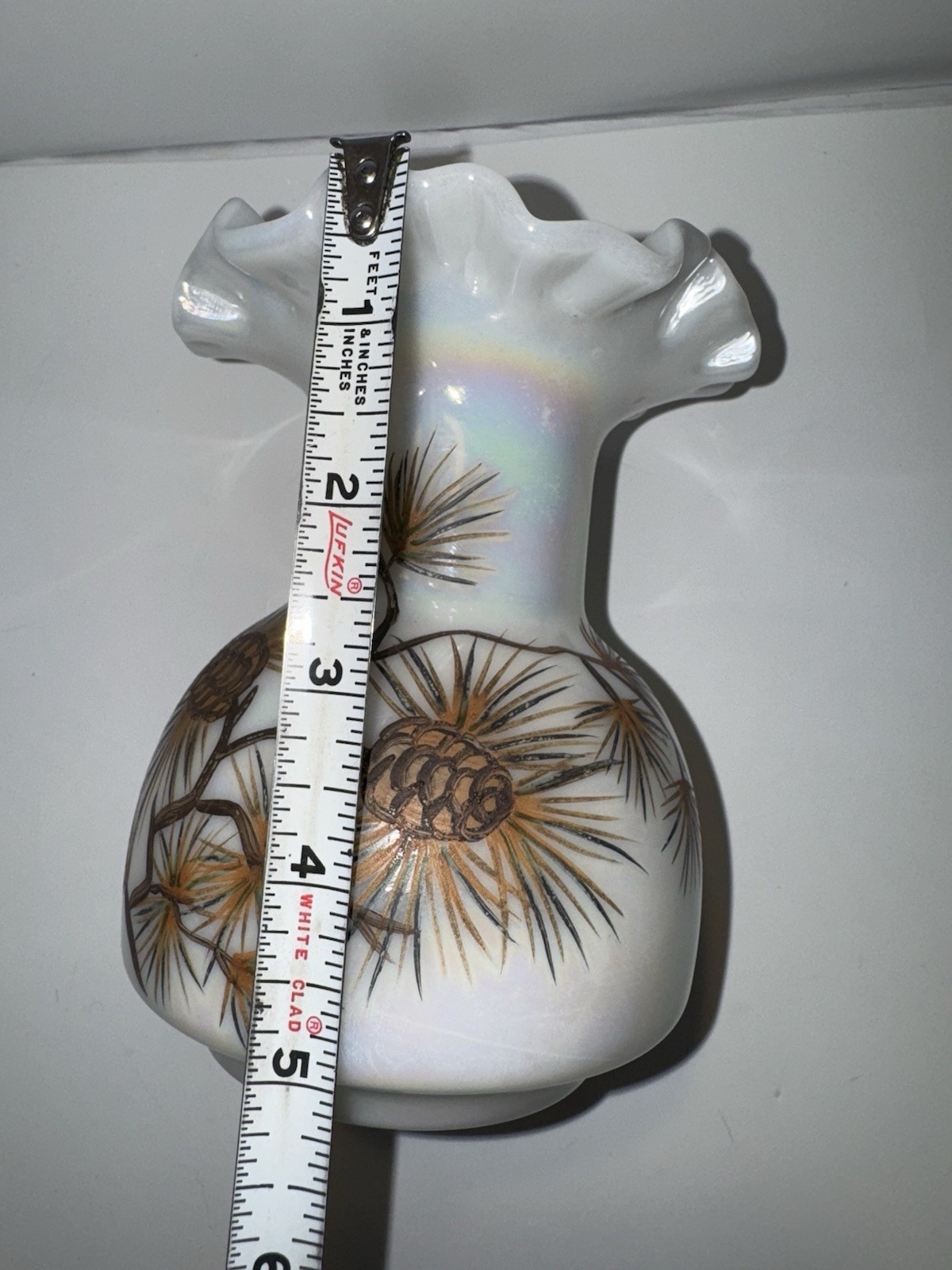 Antique 5.0″Consolidated Glass Iridescent Milk Glass Scalloped Rim.