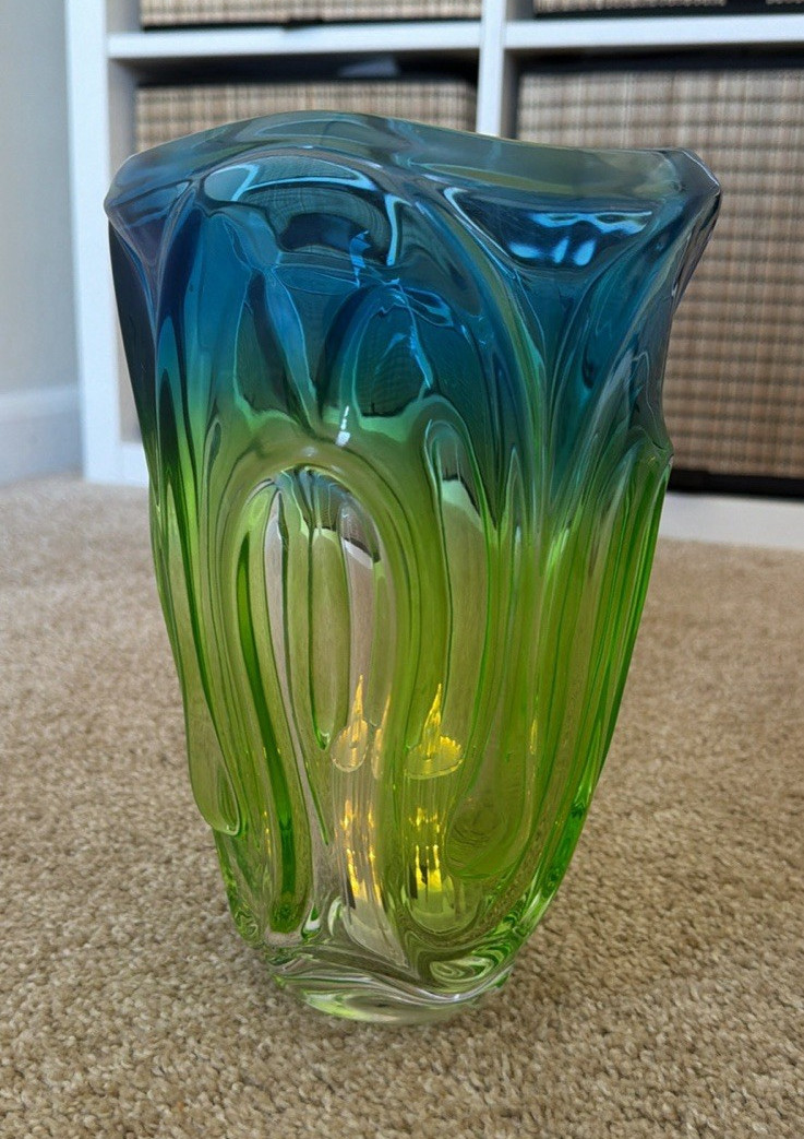 Blue & Green Art Glass Vase, Abstract Pattern Decorative Glass Home Decor