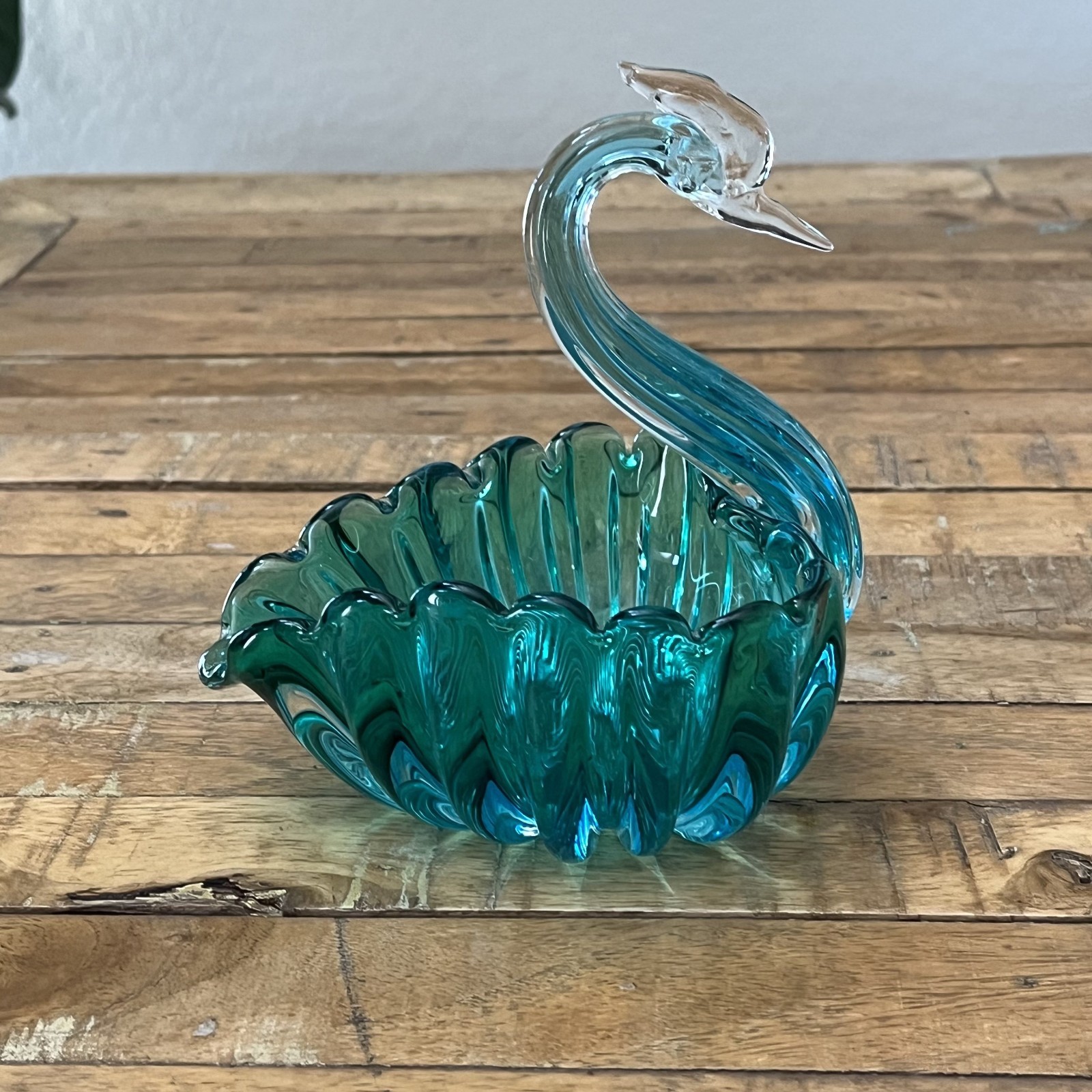 Vintage Teal Blue Swan Glass Art Hand Blown Trinket Dish or Ring Holder 5″