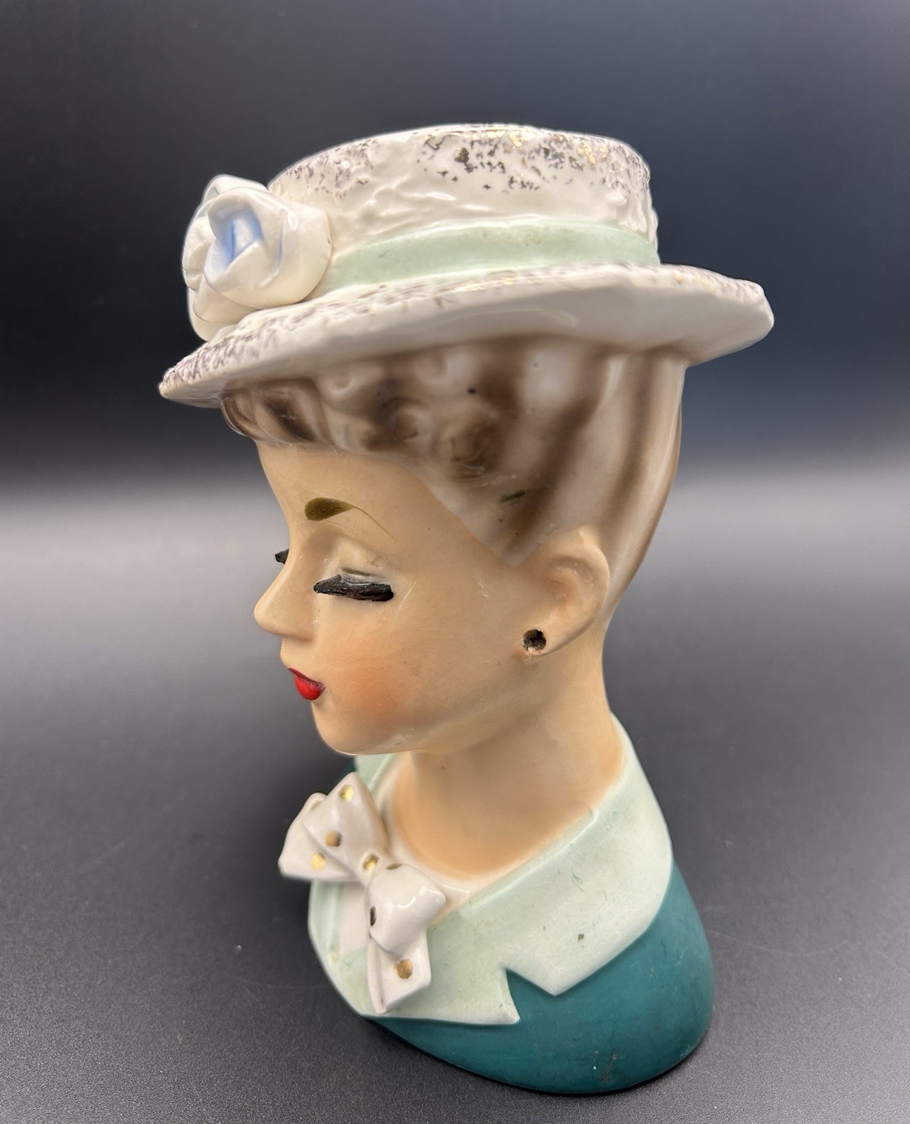 Vintage Ardco Lady Head Vase Hat w/Blue Flowers, Teal & Mint Green Top & Bow Tie