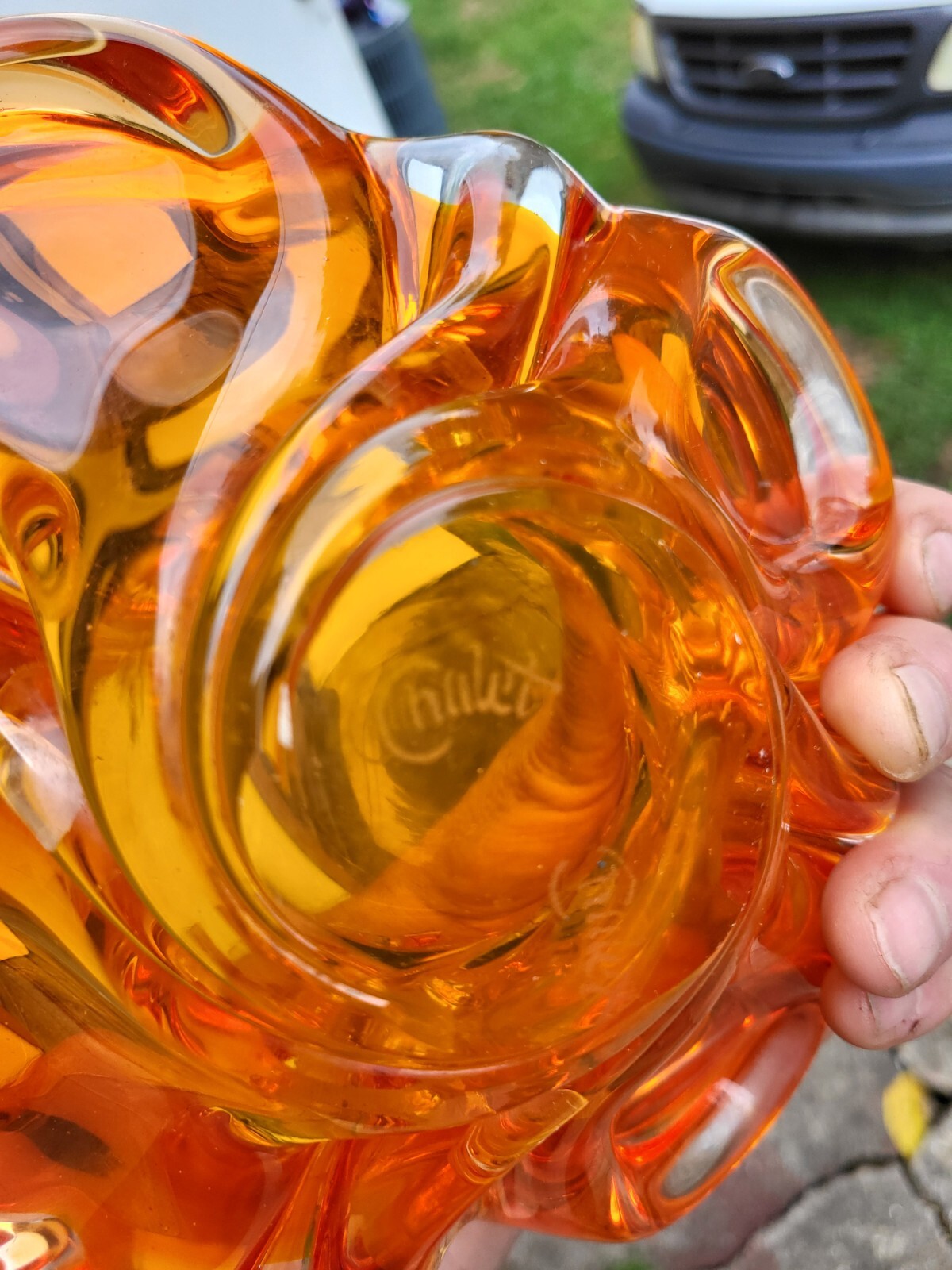 Signed CHALET Art Glass CIGAR TOBACCO ASHTRAY MCM CIGARETTE Tangerine Orange