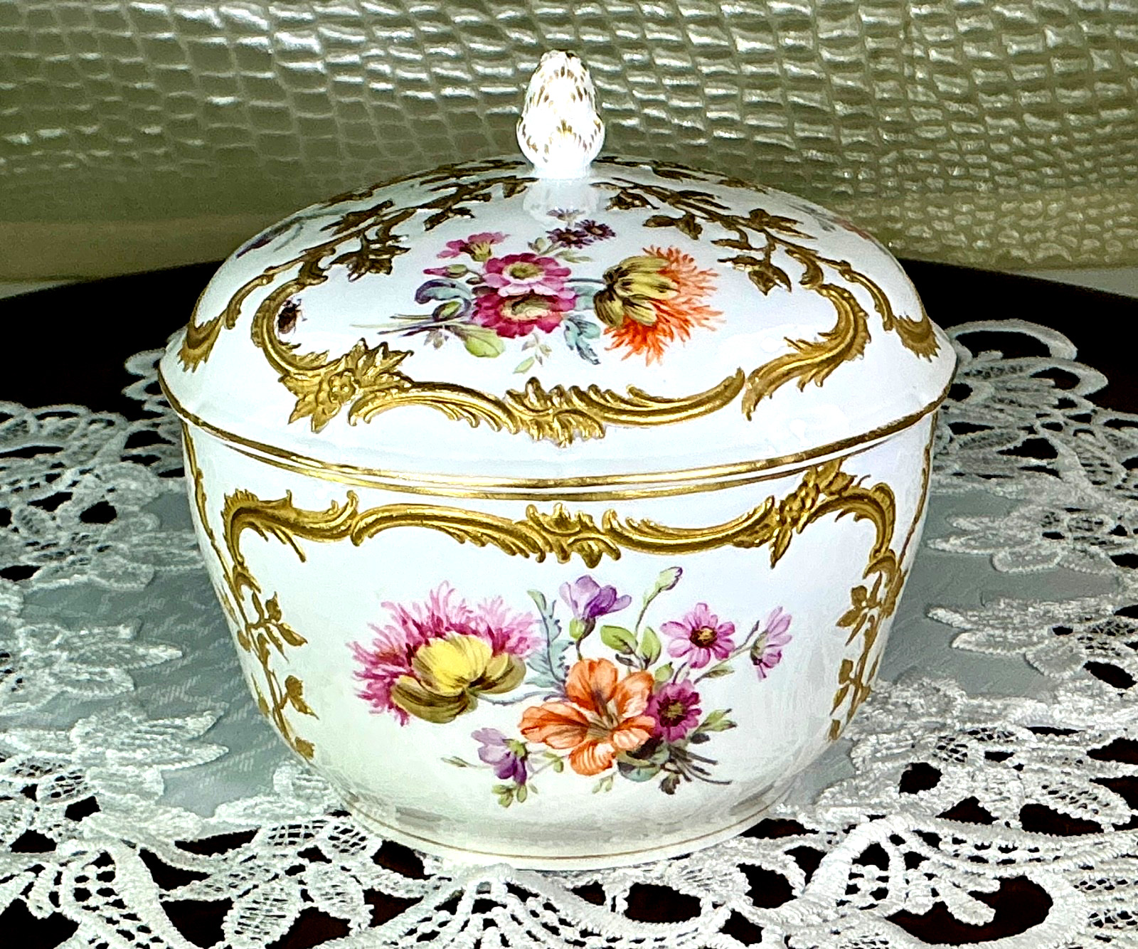 KPM Berlin Porcelain Gold Encrusted Floral Hand Painted Trinket Box Sugar Bowl