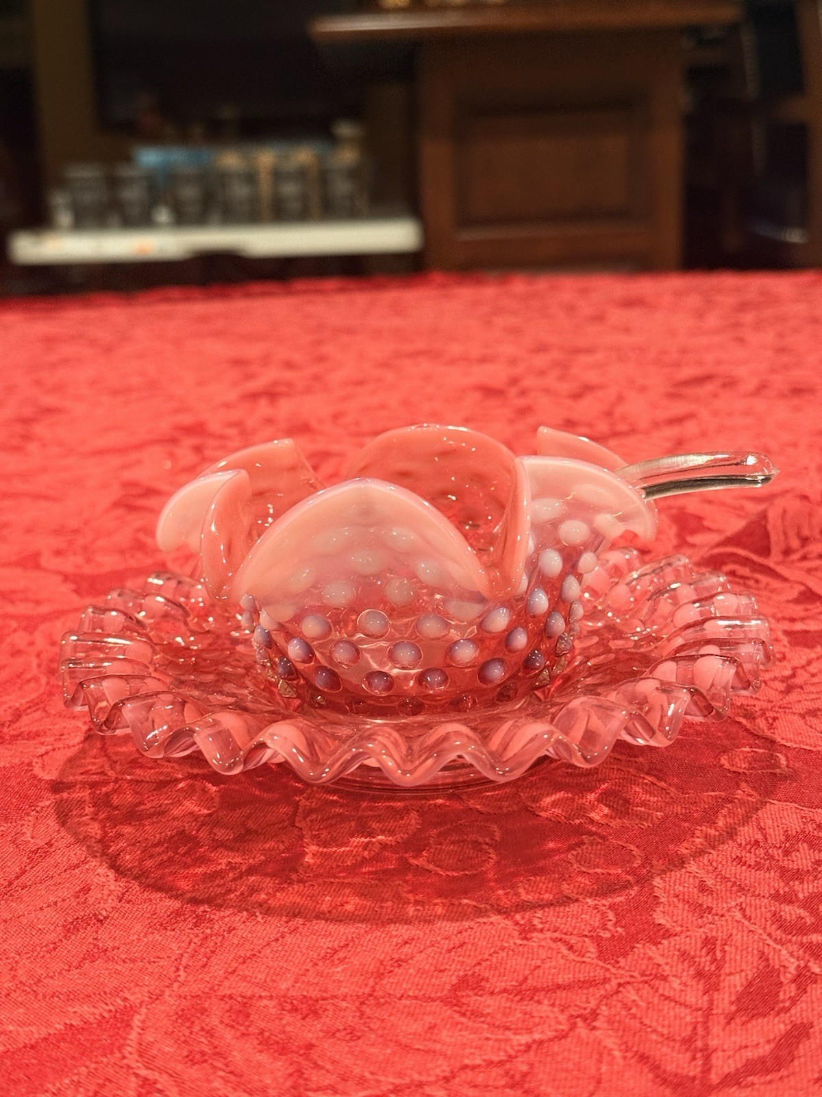 Vintage Fenton Cranberry Opalescent Hobnail Mayonnaise Set W/ Underplate & Ladle