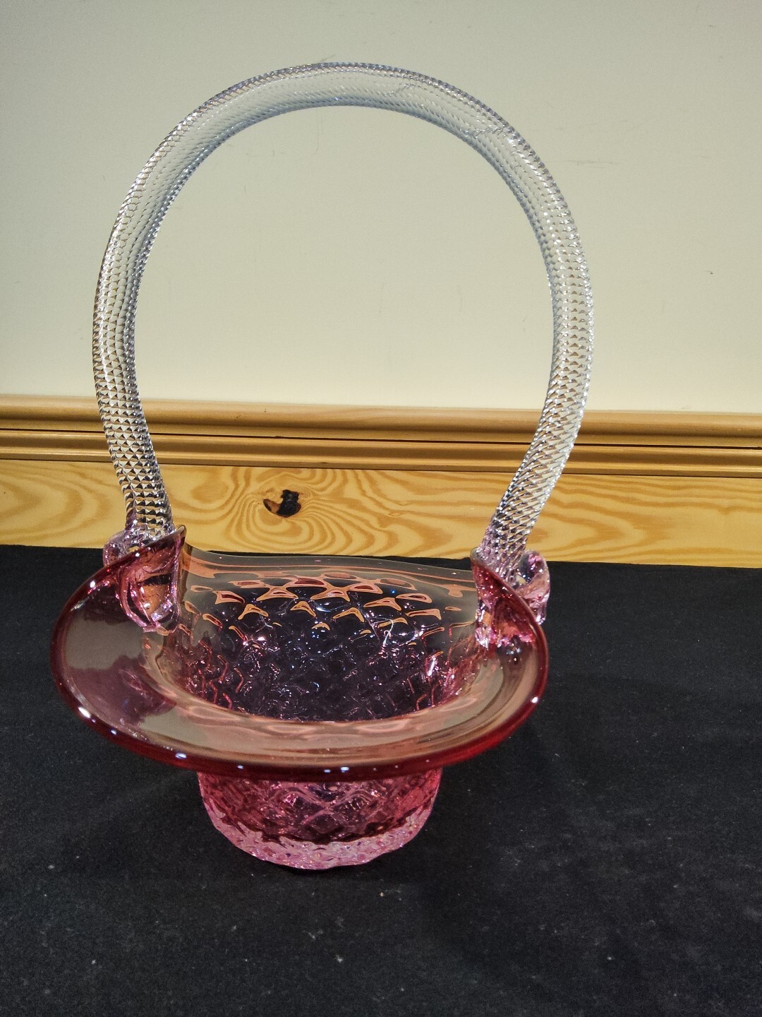 Art Glass Cranberry Bridal Basket Weave Rope Handle Quilted Riekes Chalet Canada