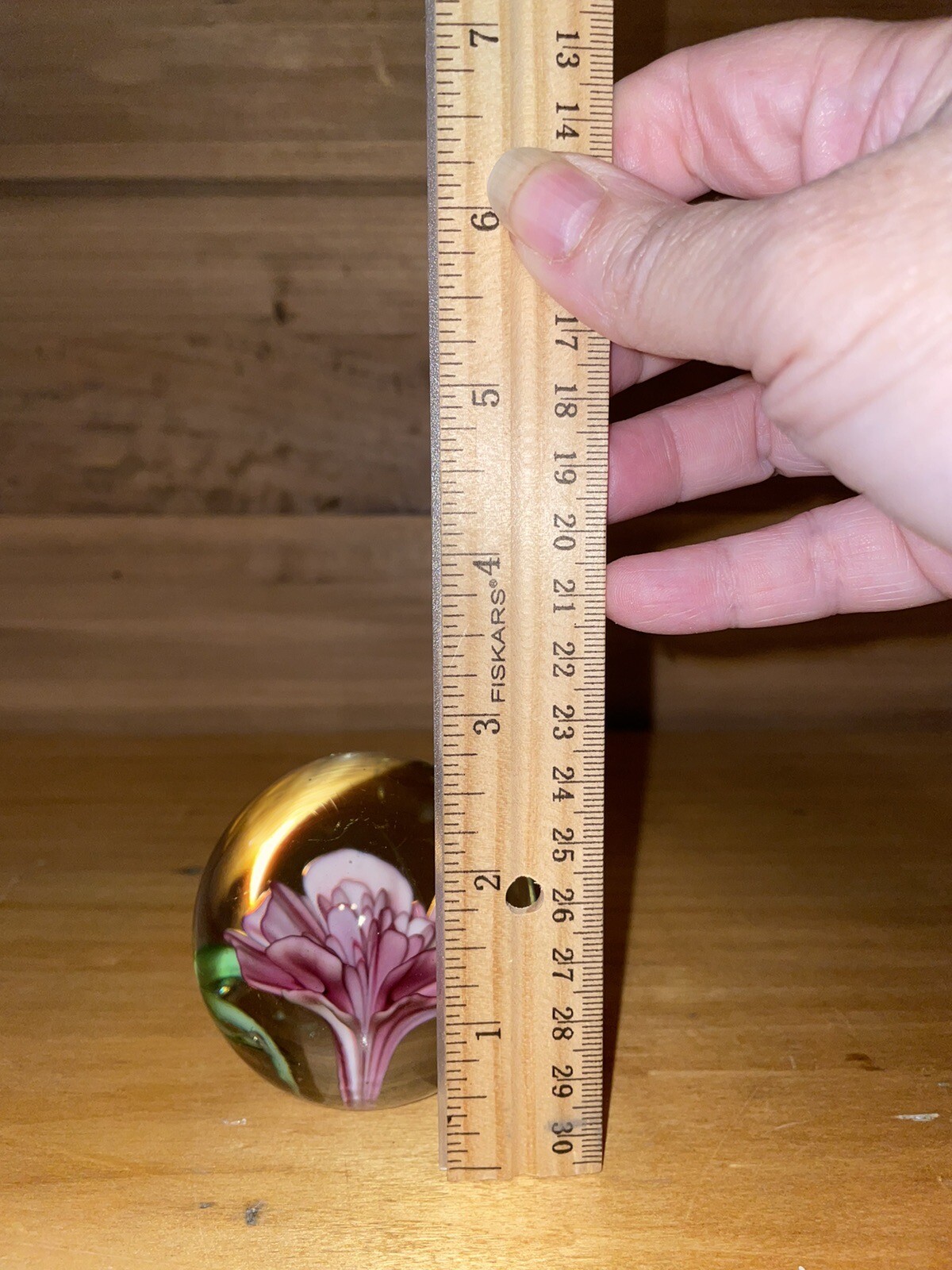 Studio Art Glass Flower Paperweight Orb Sphere Pink Floating Polished Base 2.5”