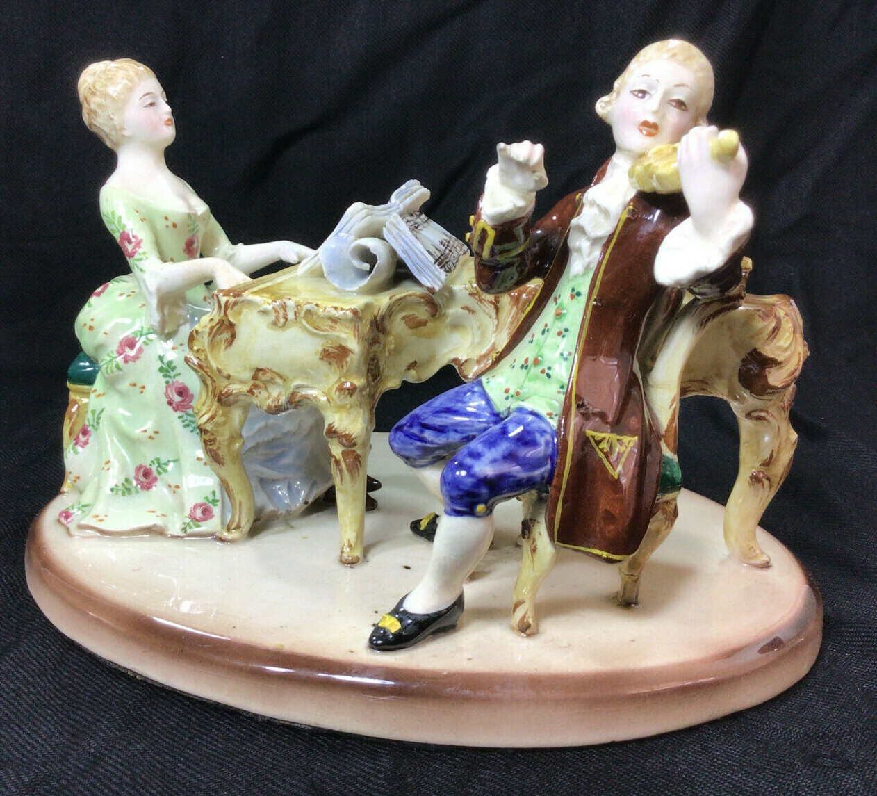 Antique Rococo Majolica Porcelain Figurine Lady & Gentleman Made in Italy