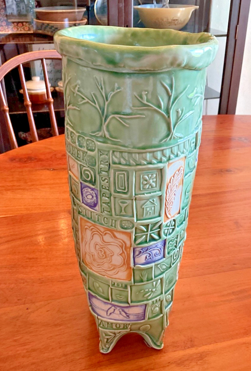 Kristy Lombard Patchwork Series Vase Signed 2007 Sage Green Glaze Heavy 13″ Tall