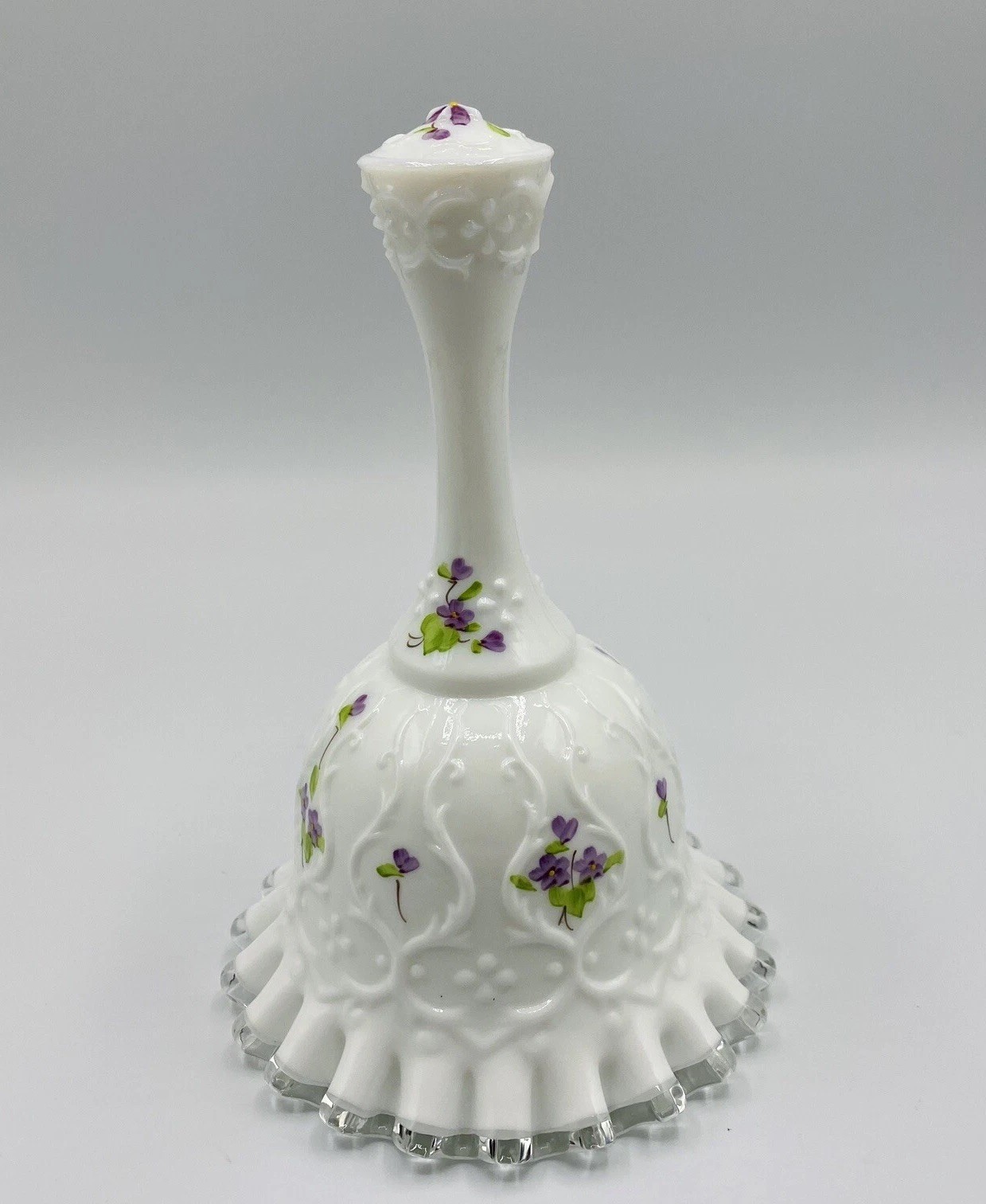 VTG Fenton Milk Glass Violets in Snow Spanish Lace Bell Silver Crest Signed 6”