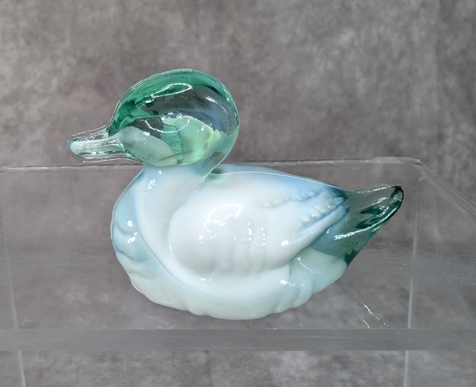RARE Fenton Art Glass Miniature Mini Duck Figurine Slag White / Green Glass