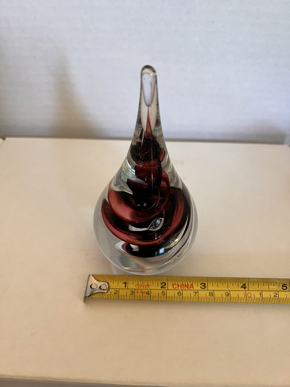 Marian Pyrcak Hand Blown Red Swirl Art Glass Teardrop Paperweight Poland Signed