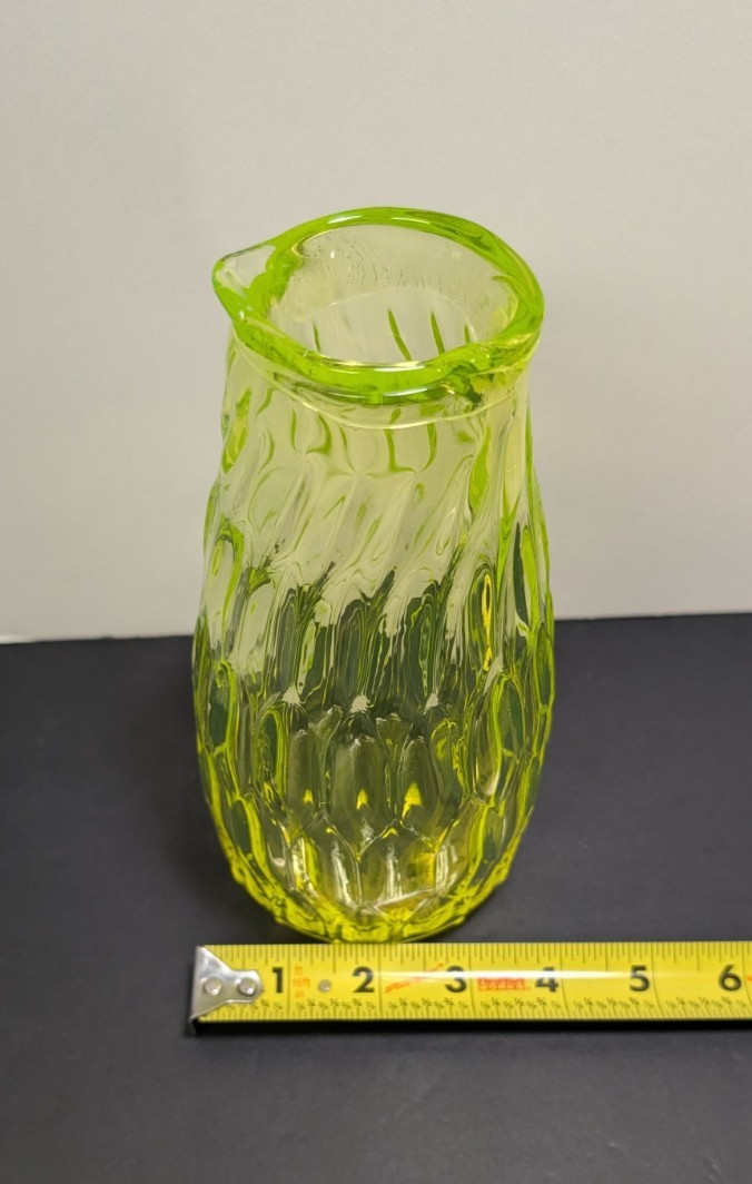Vintage Bohemian Vaseline Glass Yellow Green Diamond Optic Uranium Ewer Vase