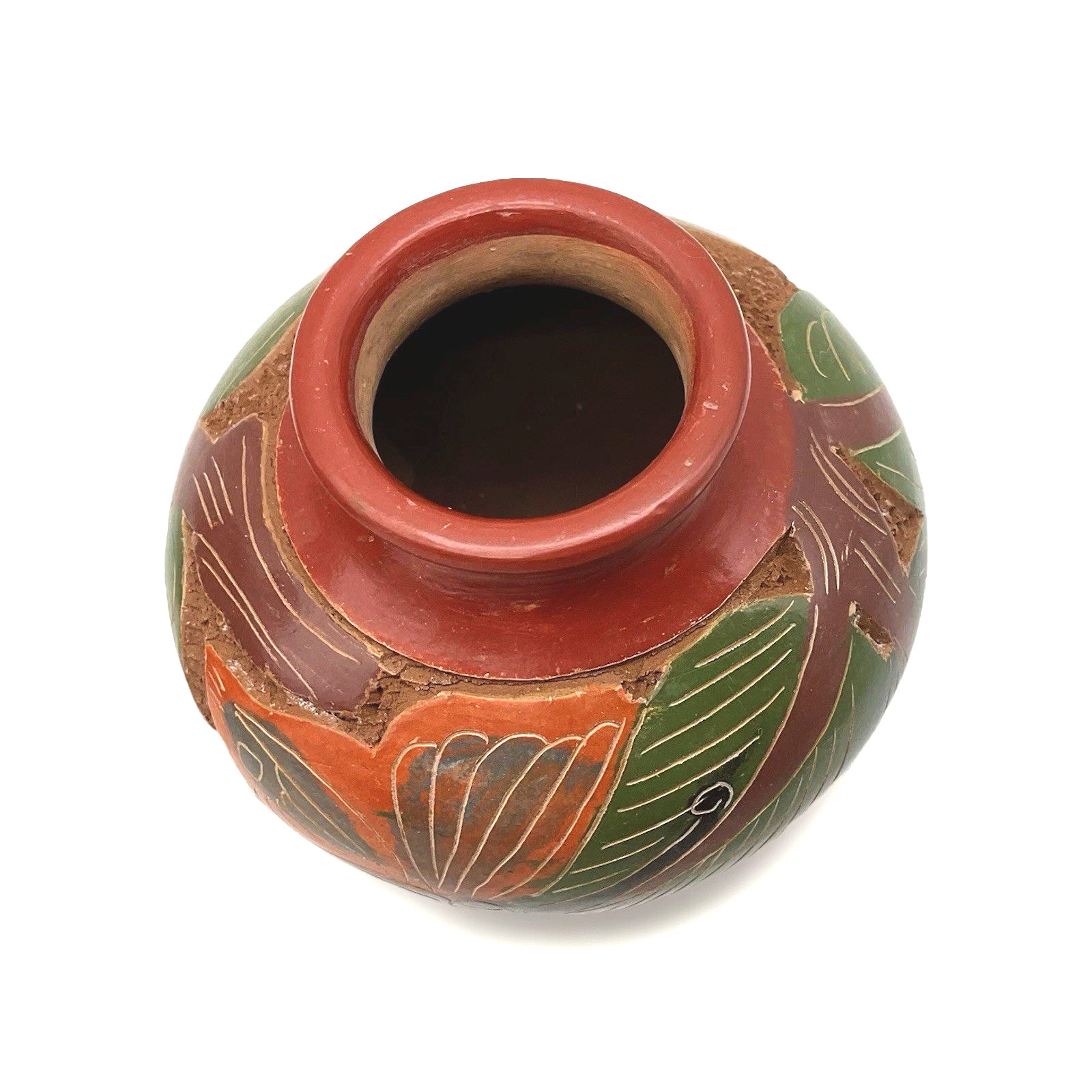 2 Nicaraguan Art Pottery Vases Fish Butterfly Design Brown Clay Hand Carved Pots