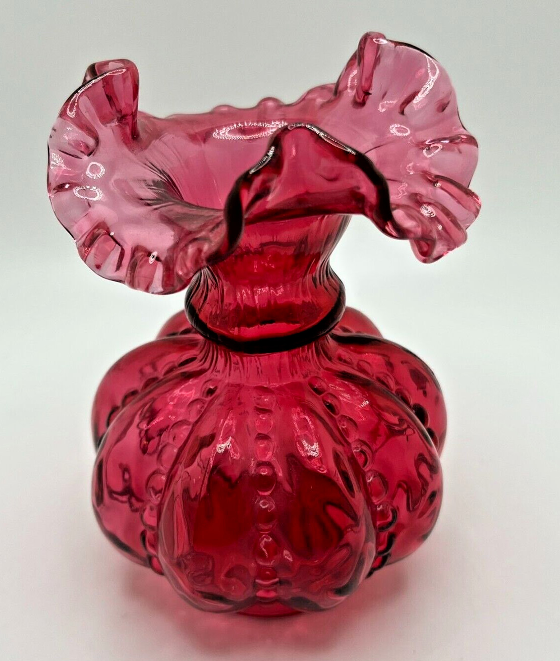 Vintage Fenton Cranberry Melon Beaded Dot Ruffled Edge Bud Vase 7.75″ Tall