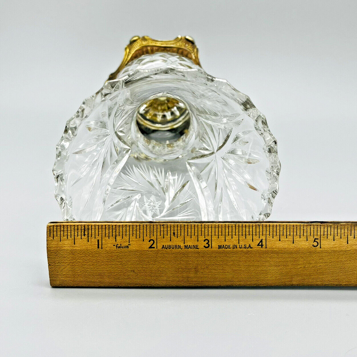 VTG Cut Crystal Trumpet Vase Pinwheel Starburst Formal Ornate Metal Footed Base