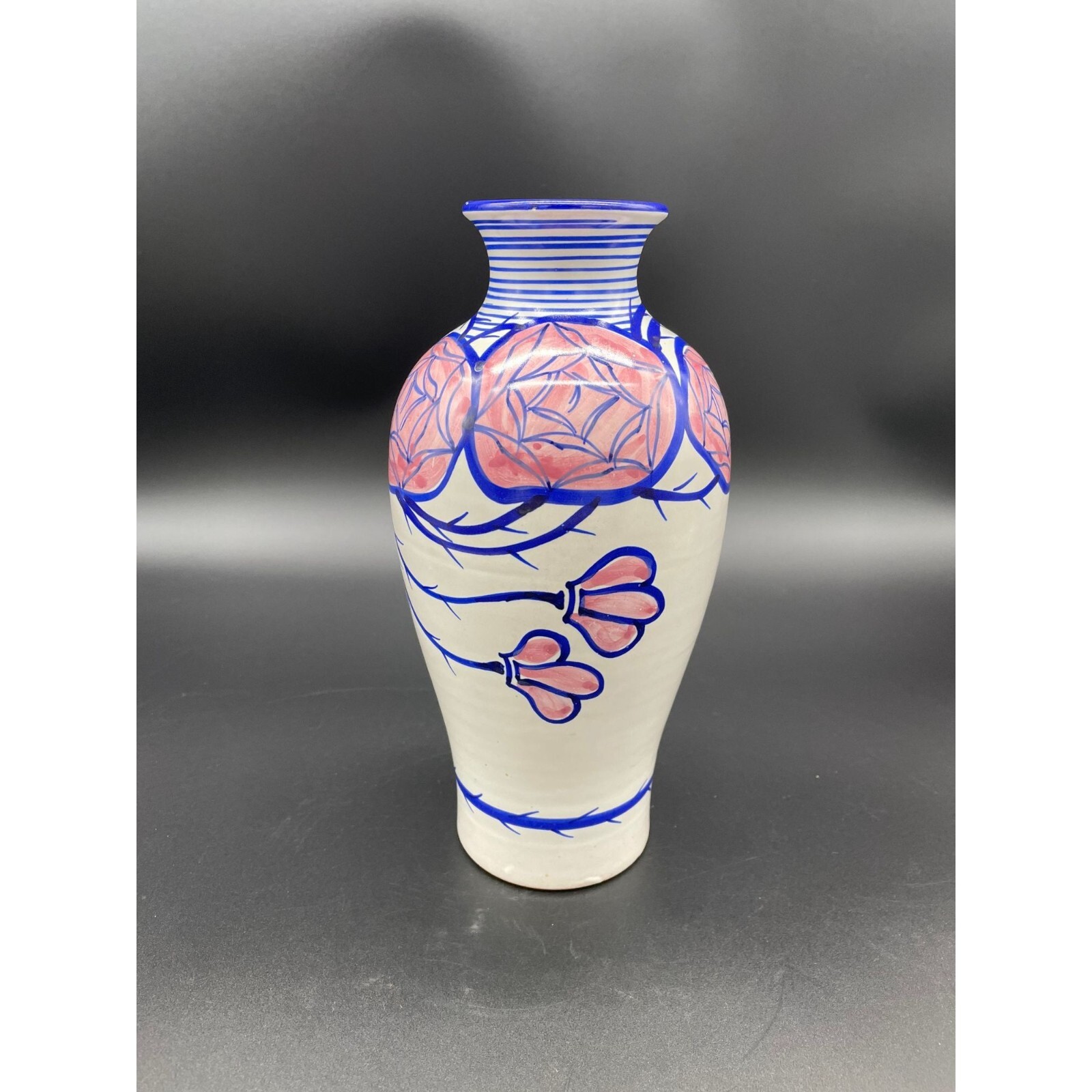 Vintage Italian Vase Art Pottery Pink Blue Floral Rose Thorns Italy MCM MOD
