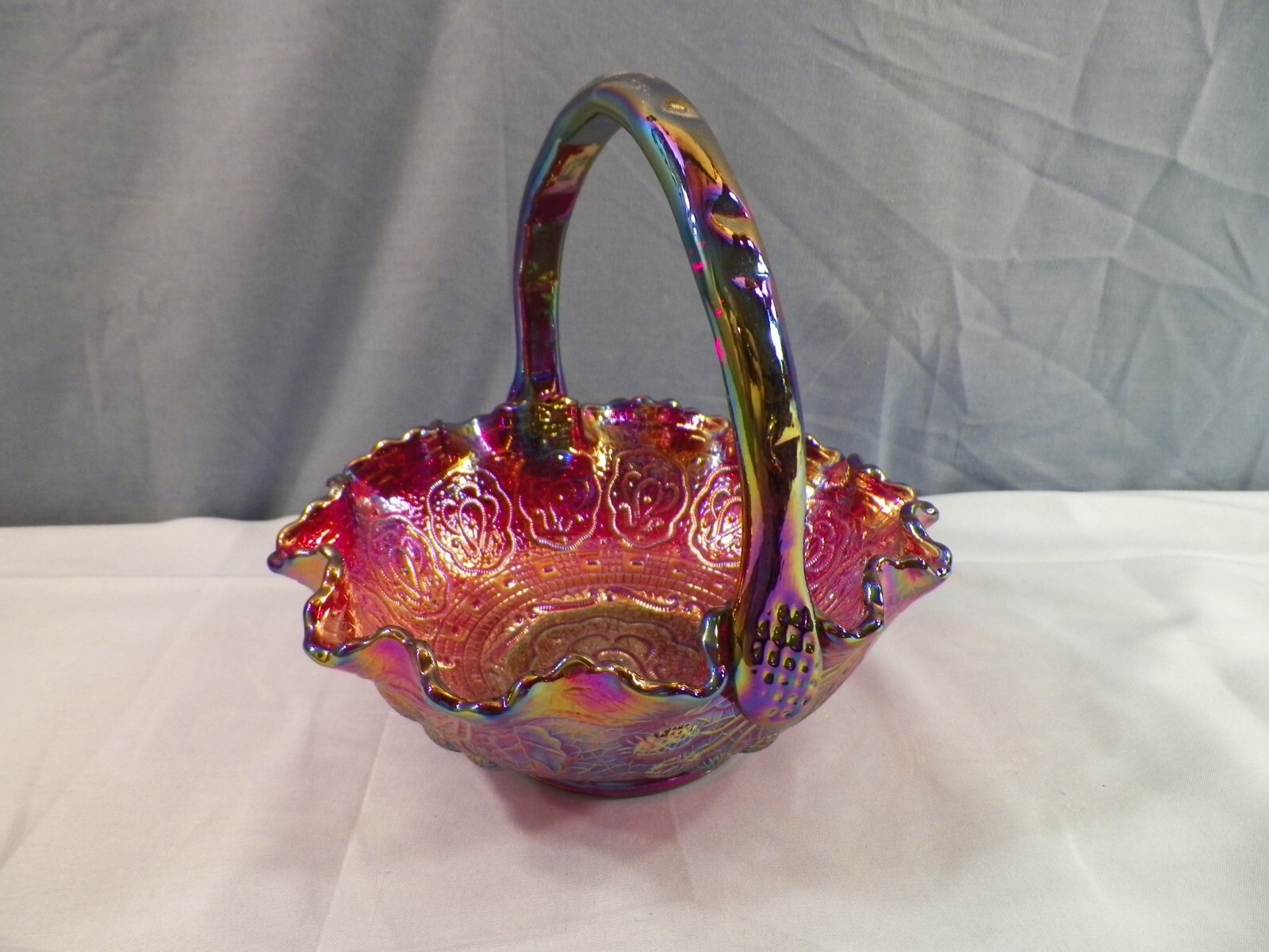 Fenton Red Carnival Glass Persian Medallion Basket 7 1/4″ Tall