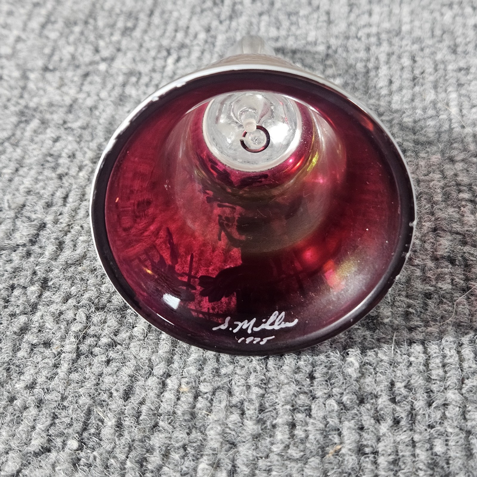 Vintage Cranberry Glass Bell Signed S. Miller 1975 Hand Painted Enamel Design