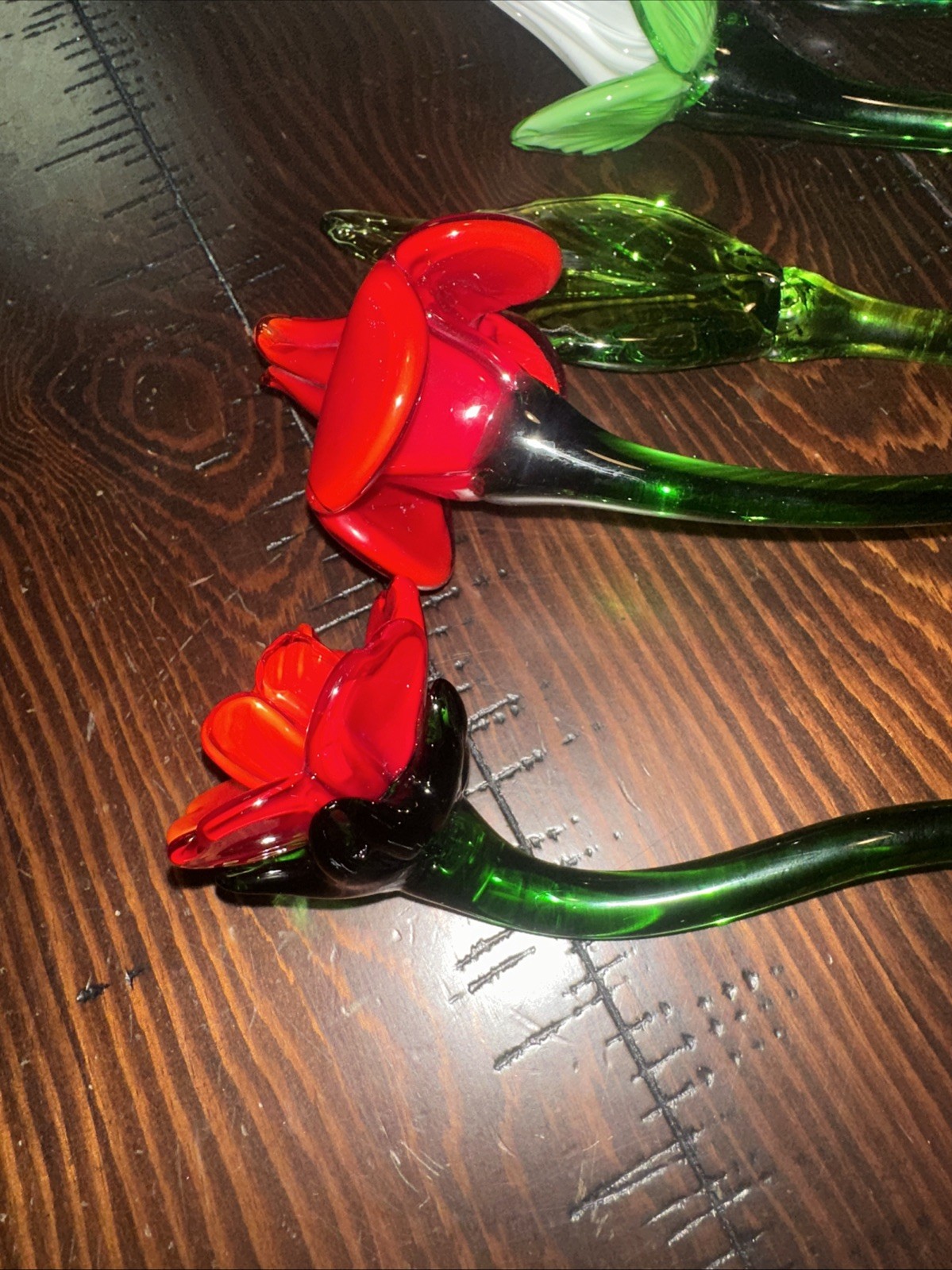 4 Pc VTG Hand Blown Art Glass Flowers 11.5” Stem + 1 Leaf Murano Style