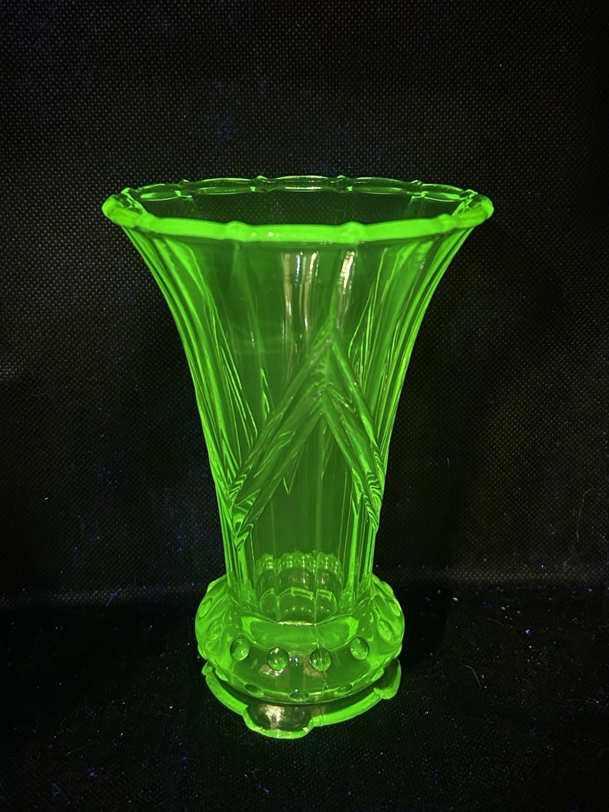 Green Art Deco Uranium Glass Czech Vase Hobnail Chevron Pattern 6 Vintage Decor