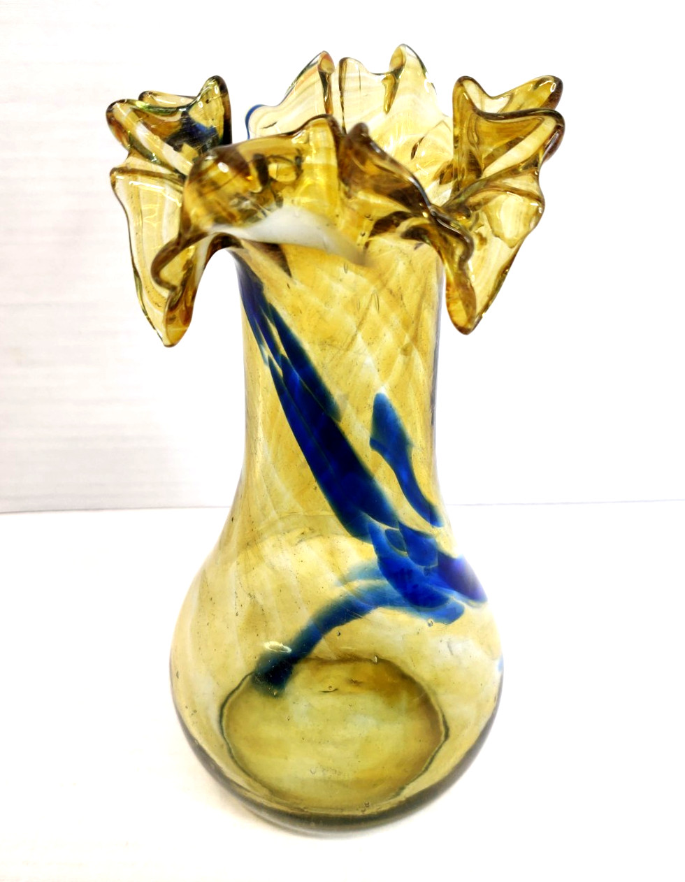 Hand Blown Ruffled Edge Swirl Pattern Art Glass Amber Blue Multicolor Vintage