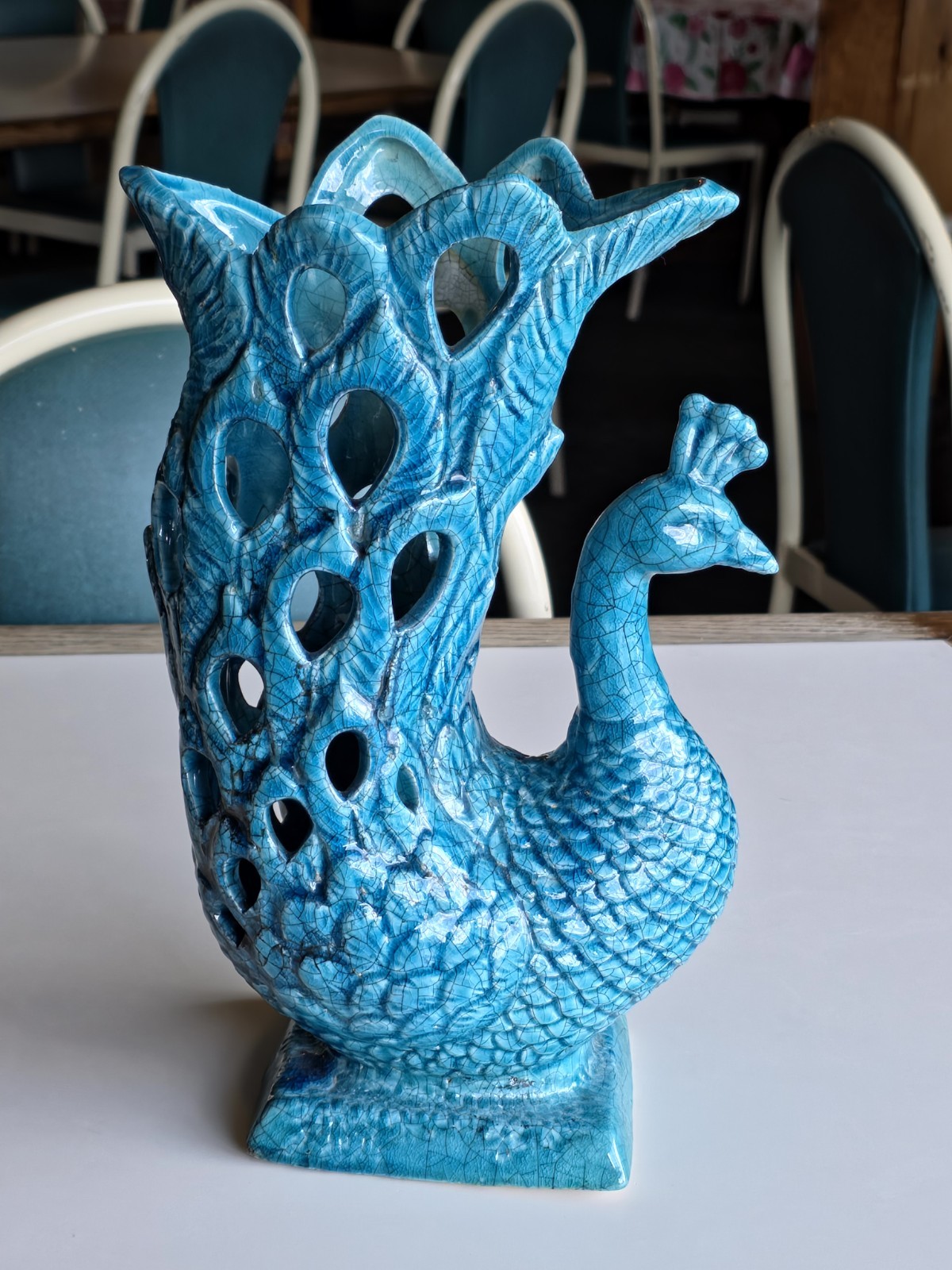 Vintage Blue Crackle Glaze porcelain peacock Figurine Vase 12″