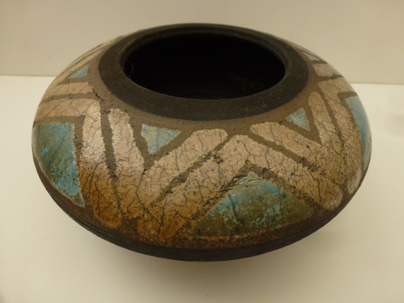 Vtg Southwestern Pottery Vase Crackle Glaze Geometric Modernist Marshall Kregel
