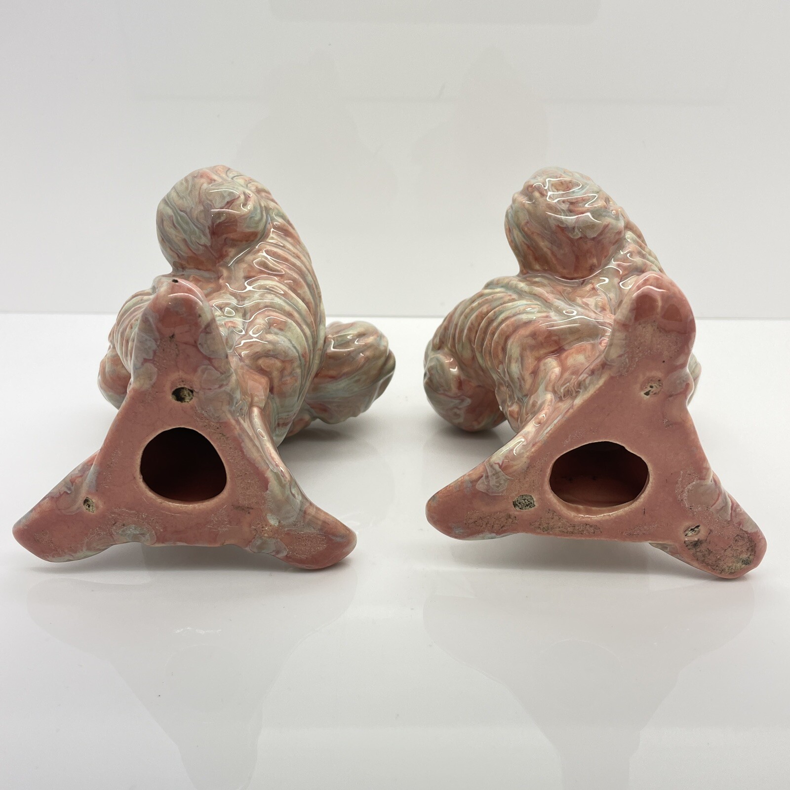 MCM Royal Haeger Pink Green Marble Glazed Candle Stick Holder Leaf Wave Set Of 2