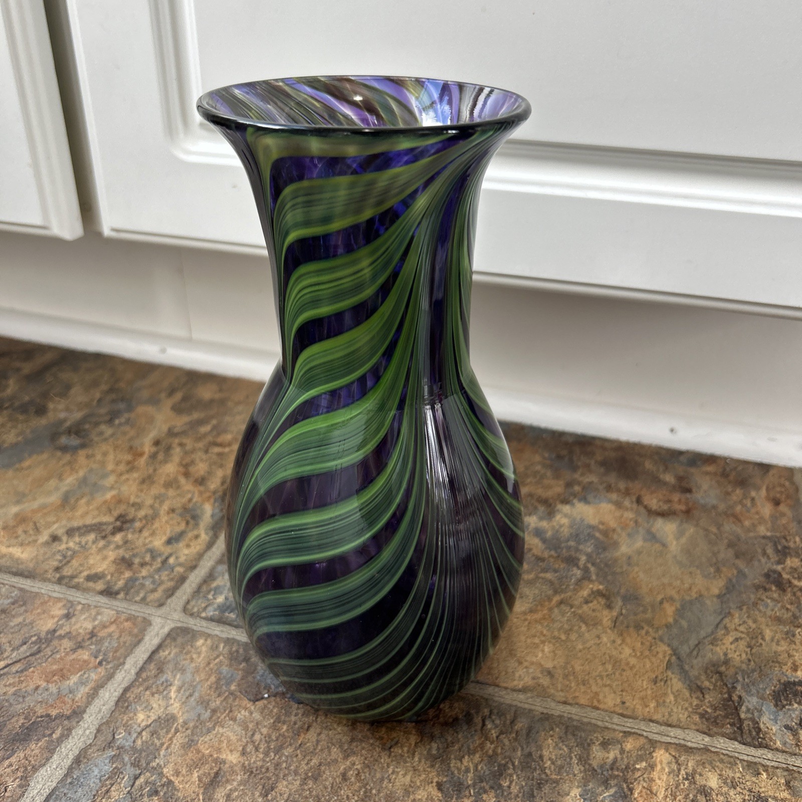 Hand Blown Studio Glass Pulled Feather Purple Green Vase 10” Dan Lotton Inspired