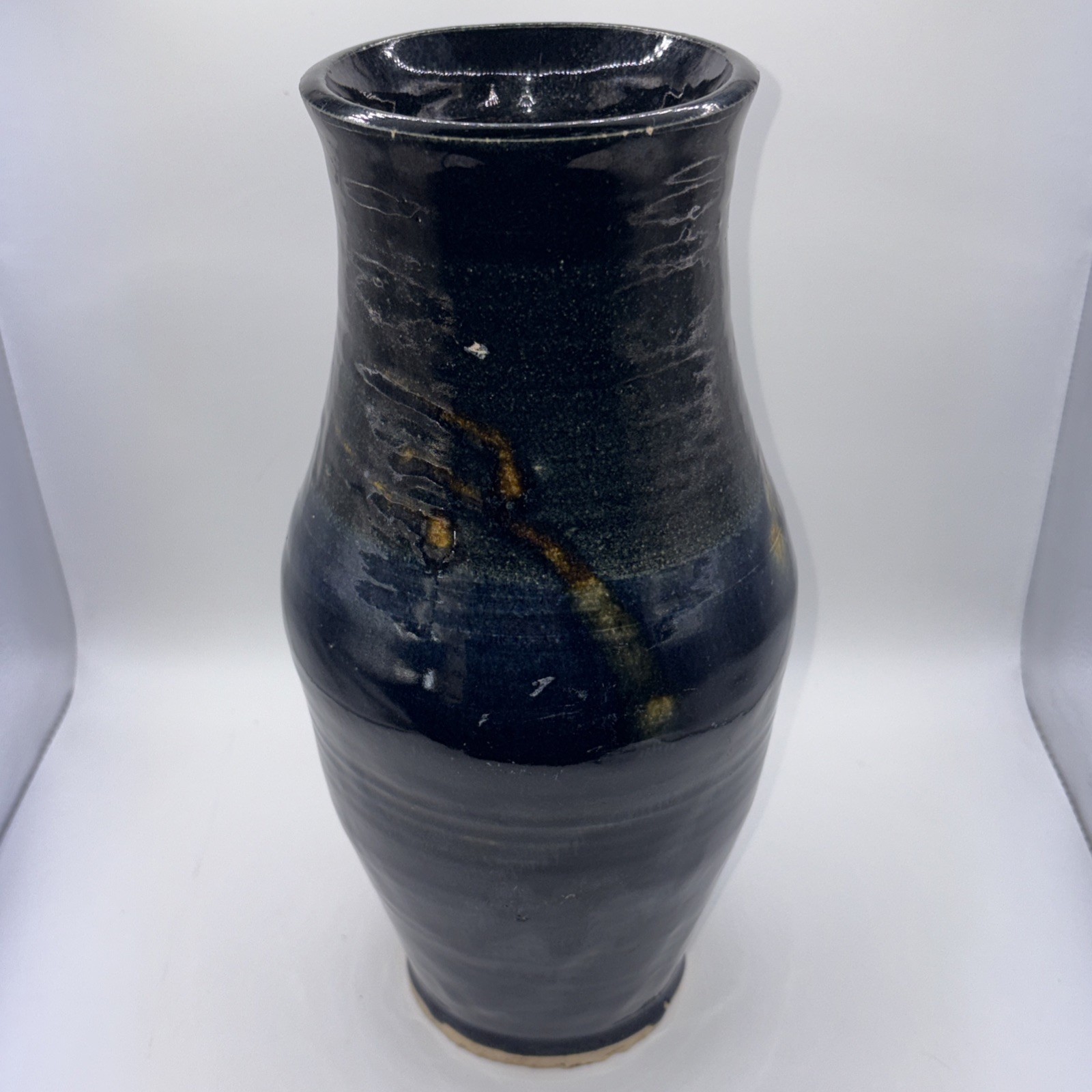 Signed M ∞ Large 11.25″ Studio Art Pottery Vase Cobalt Blue Drip Glaze HEAVY MCM