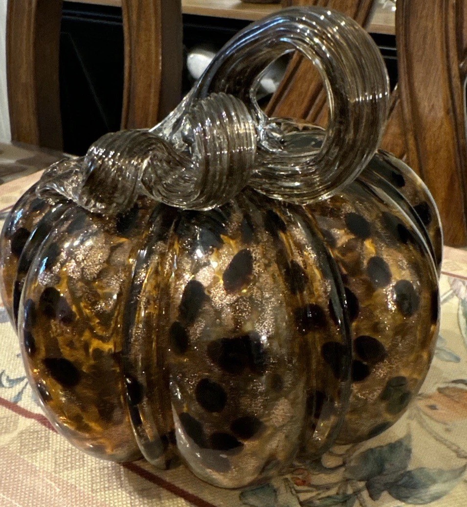 Hand Blown Art Glass Lighted Pumpkin Leopard Print Spotted Glass 7”