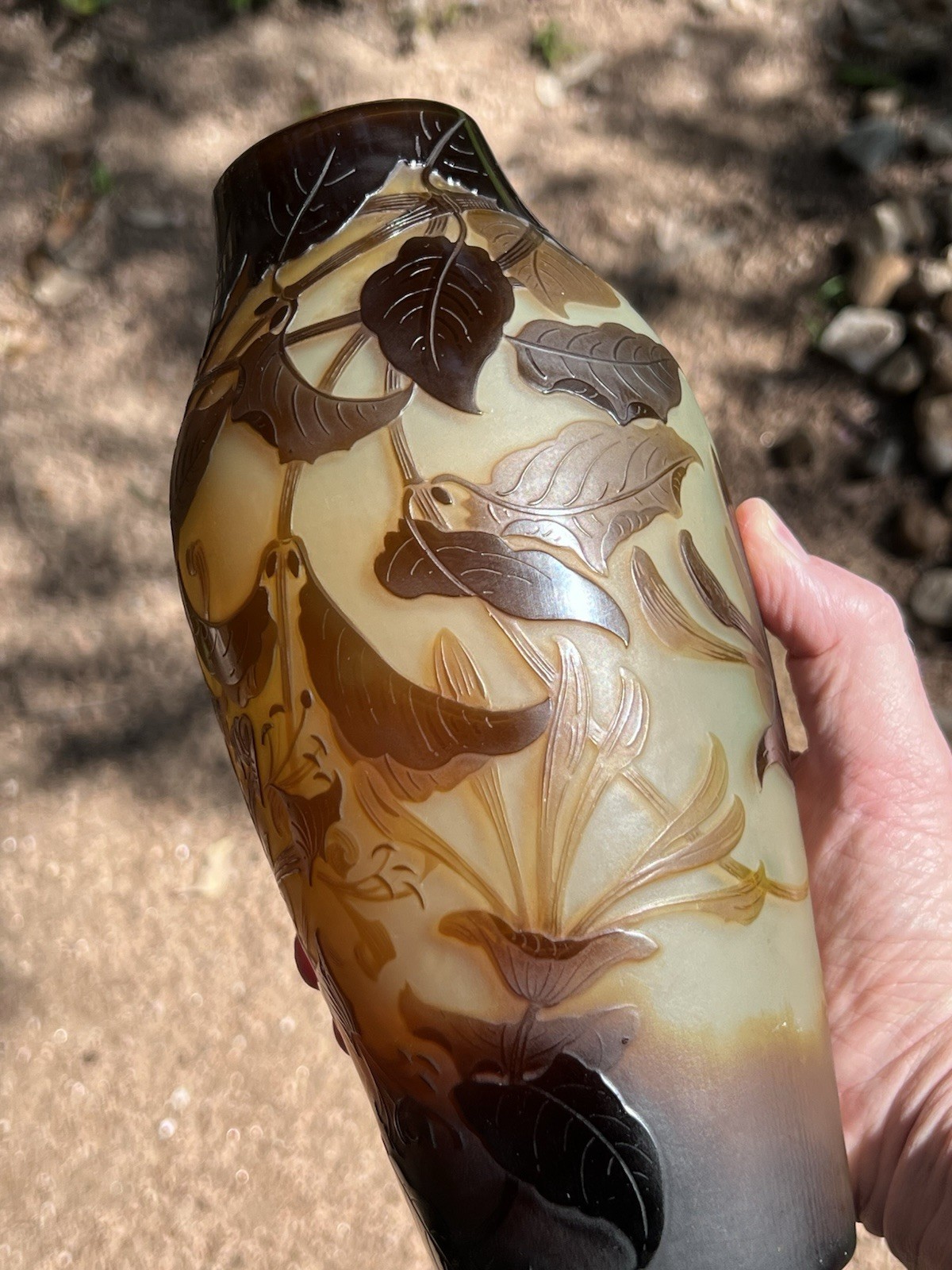 Antique St Louis D’Argental Acid Etched Cameo Glass Floral Vase—9.75”